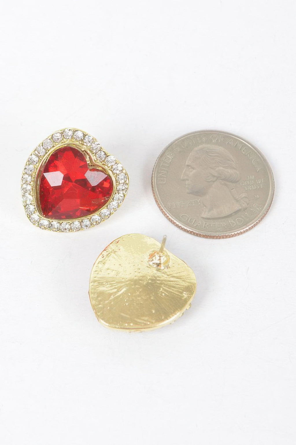 Heart-shaped earrings, red faceted stone with gold-tone crystal halo and back stud