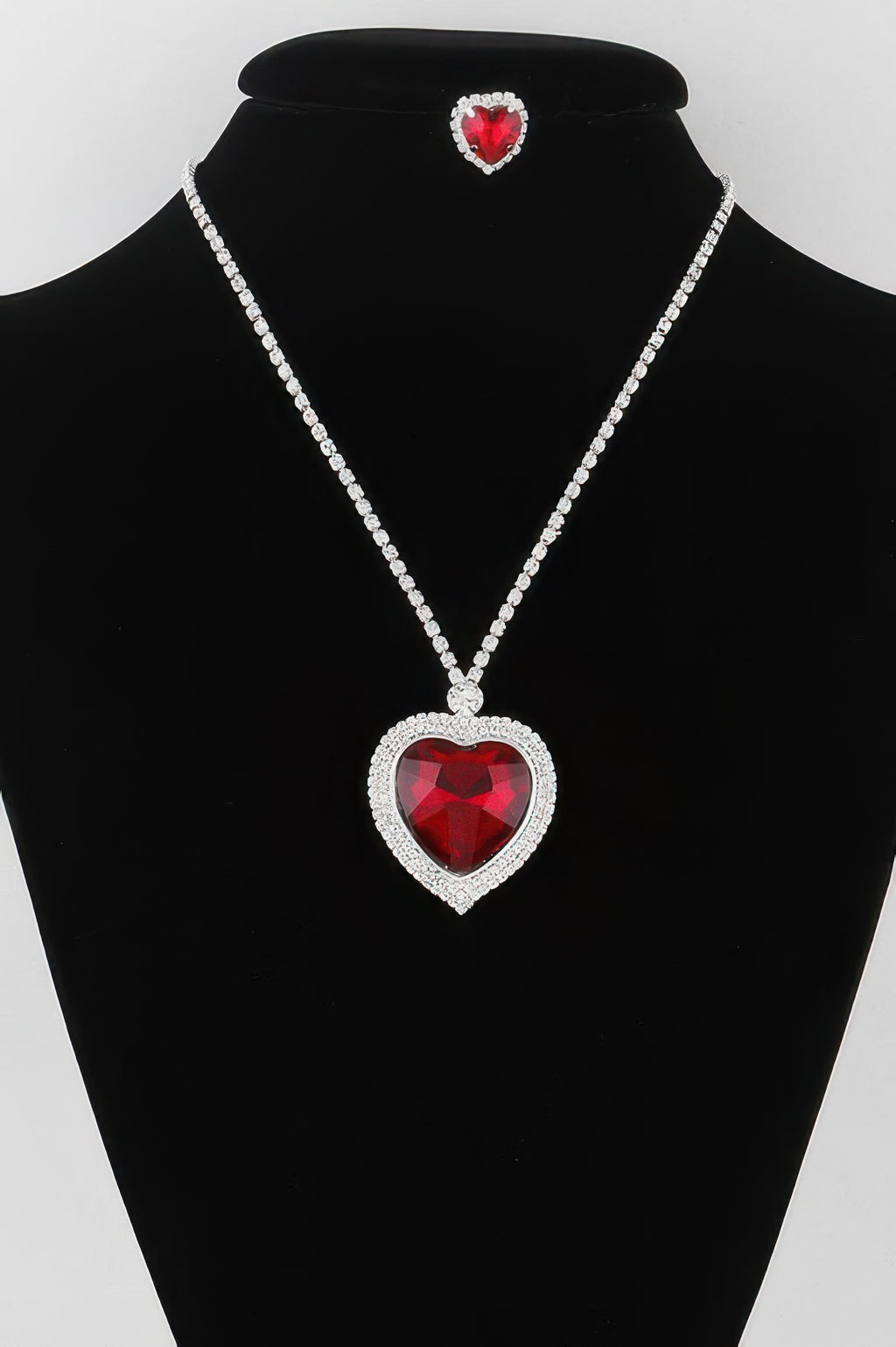 Jeweled crystal heart necklace, silver chain with red heart pendant and clear pavé halo