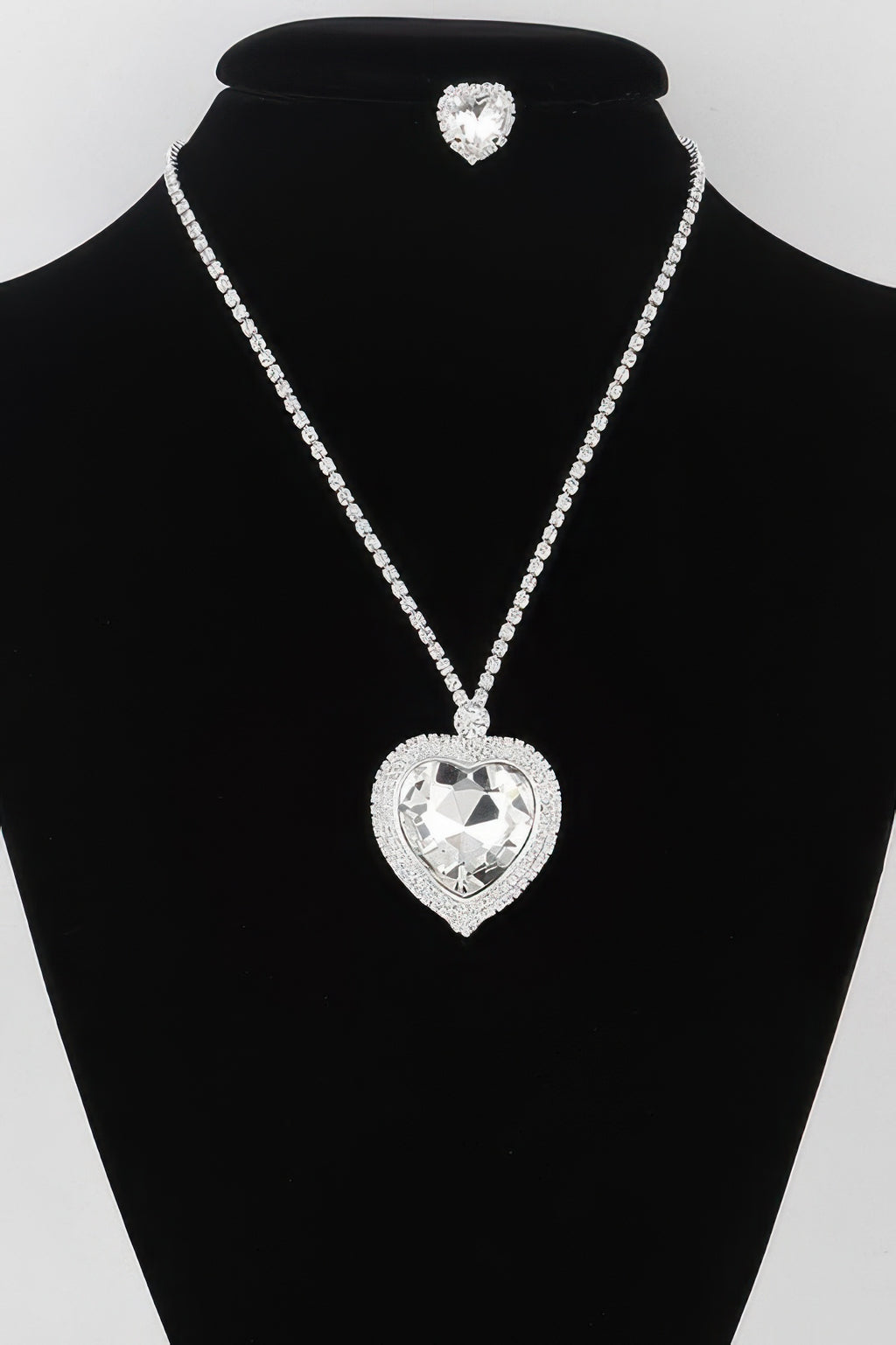 Jeweled crystal heart necklace, silver chain with clear heart pendant and pavé details