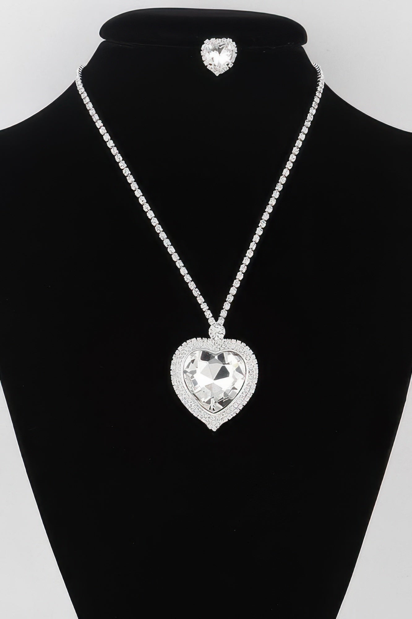Jeweled crystal heart necklace, silver chain with clear heart pendant and pavé details
