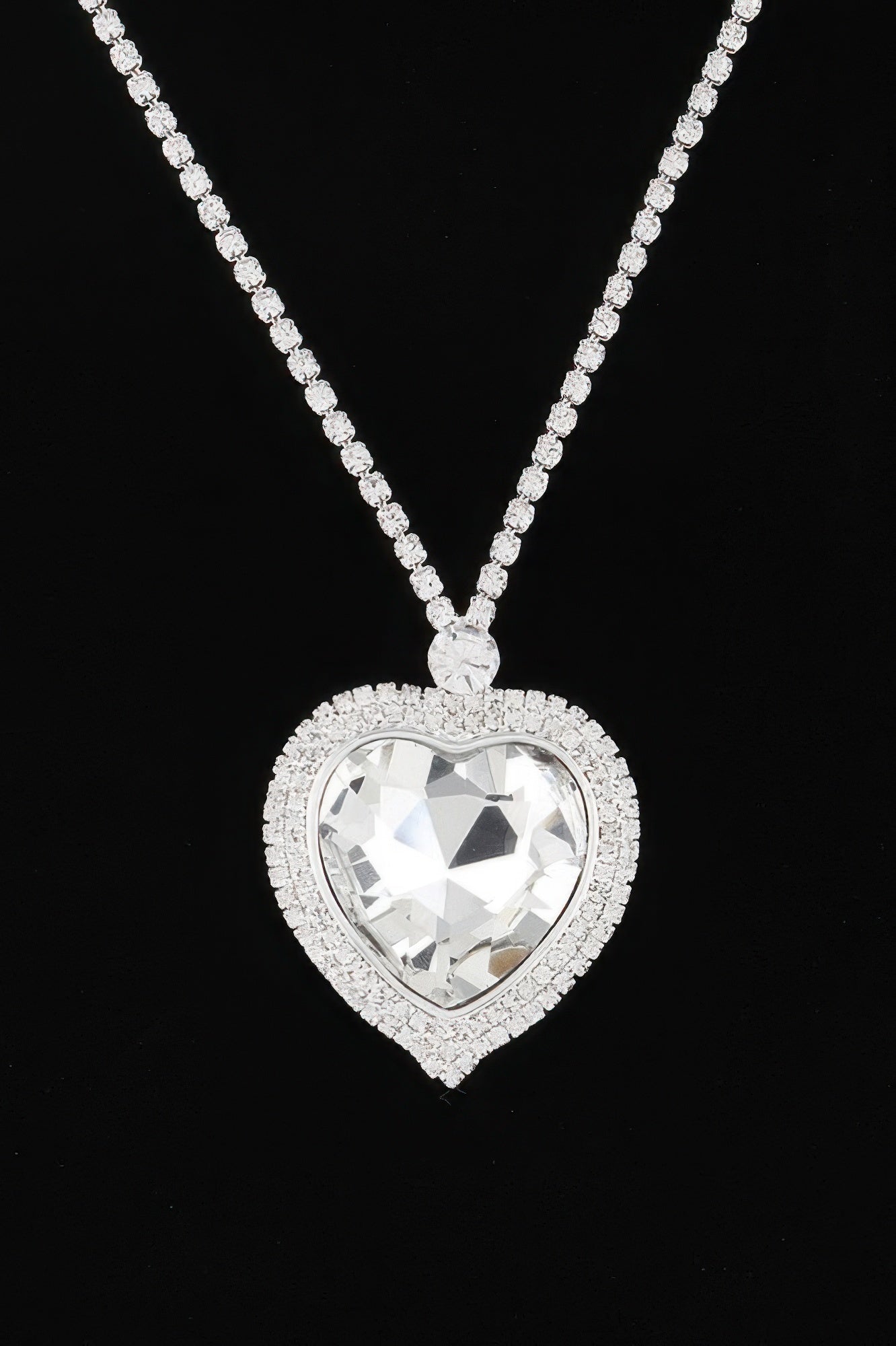 Crystal heart pendant necklace in silver-tone, clear center stone with sparkling frame
