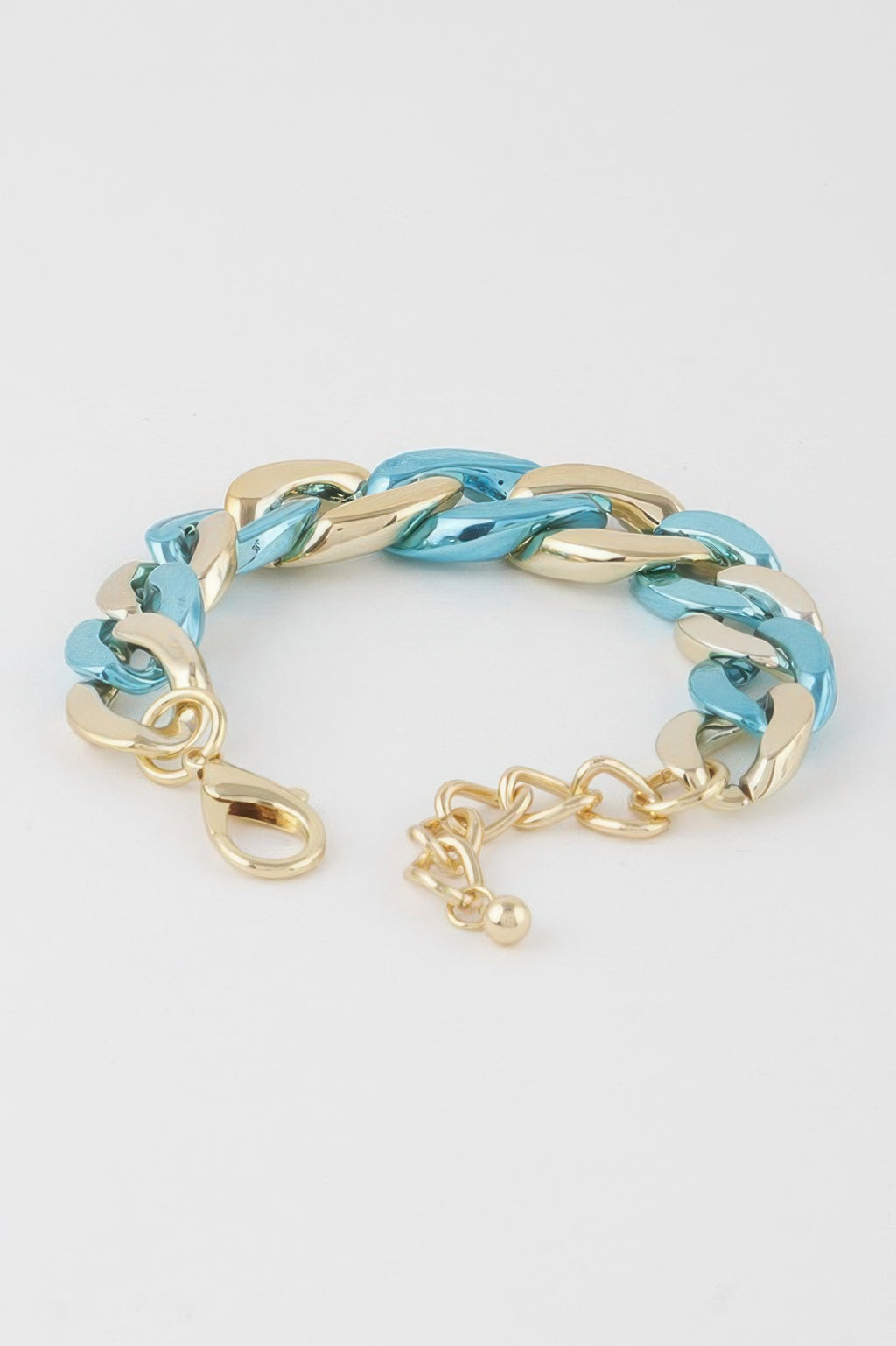 Gold-and-turquoise link bracelet with lobster clasp and small extender balls