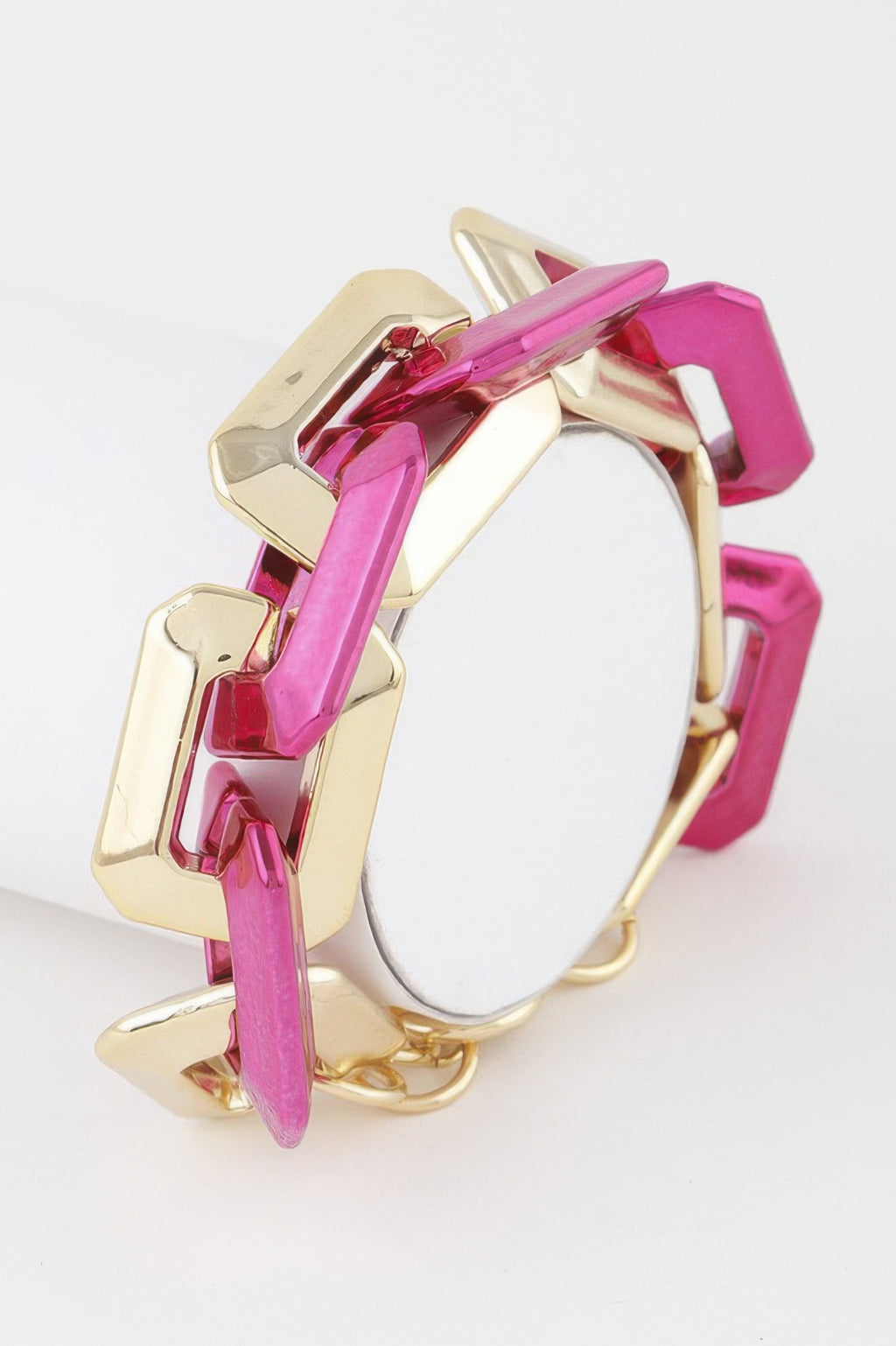 Two Toned Link Chain Bracelet, pink acrylic links with gold-tone rectangular bars