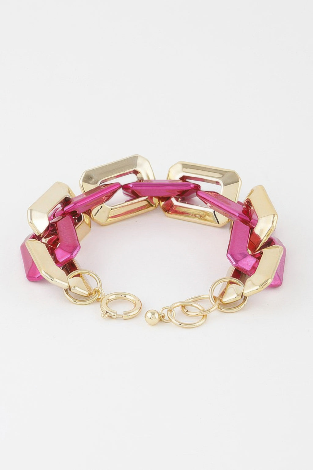 Two Toned Link Chain Bracelet, pink links with gold-tone open link bar frame