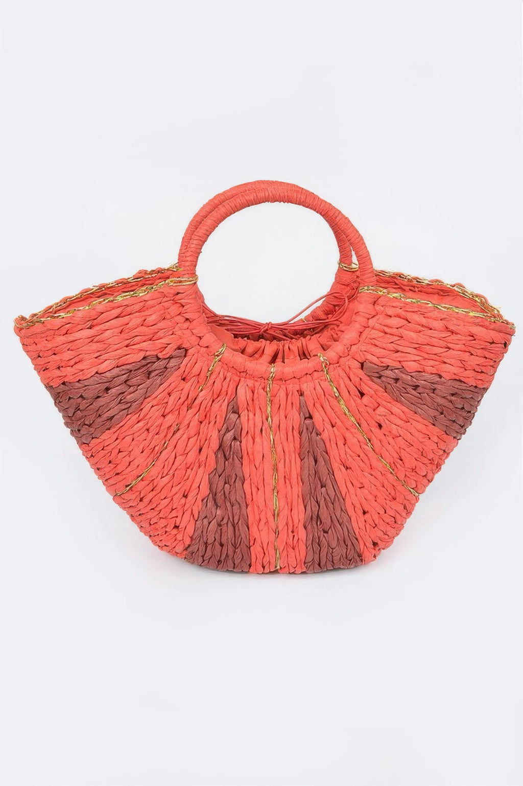 Orange two-tone straw tote bag with braided handles and tasseled fringe