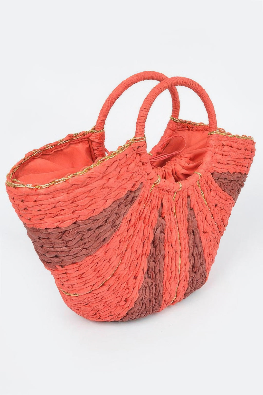 Orange two-tone straw tote with open top and fabric lining
