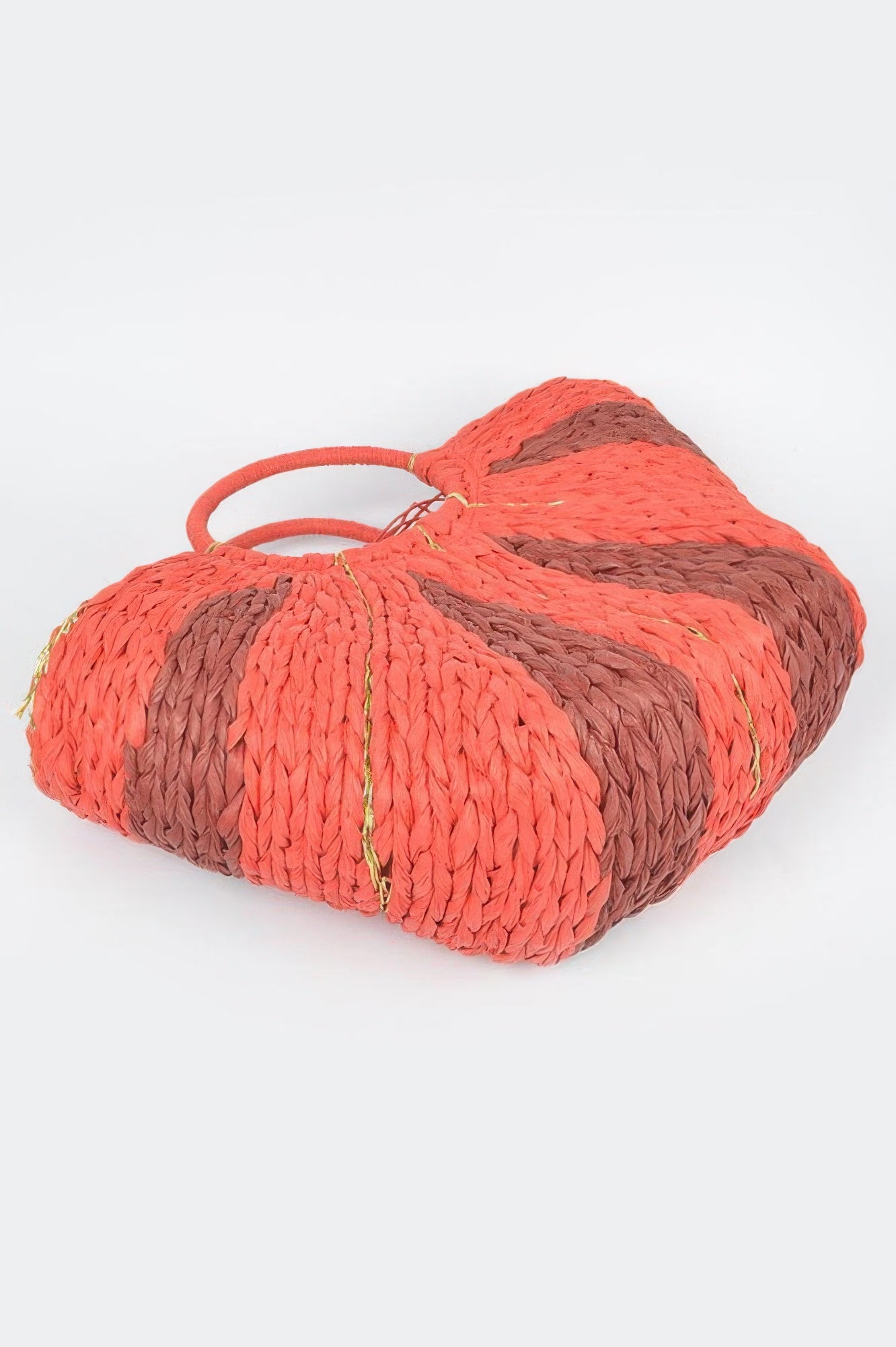 Two-tone straw tote bag with braided body, orange top and brown base