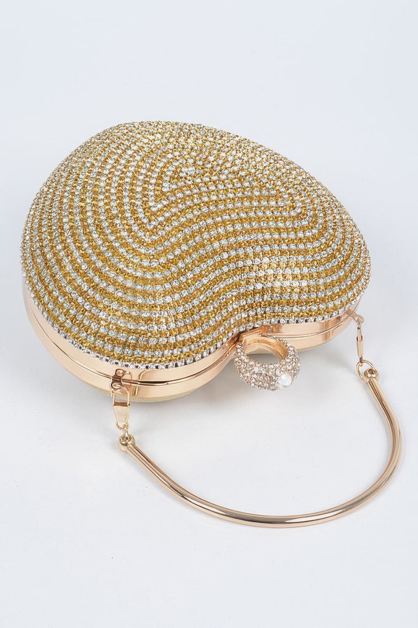 Gold-tone rhinestone heart-shaped party clutch with short top handle and chain strap