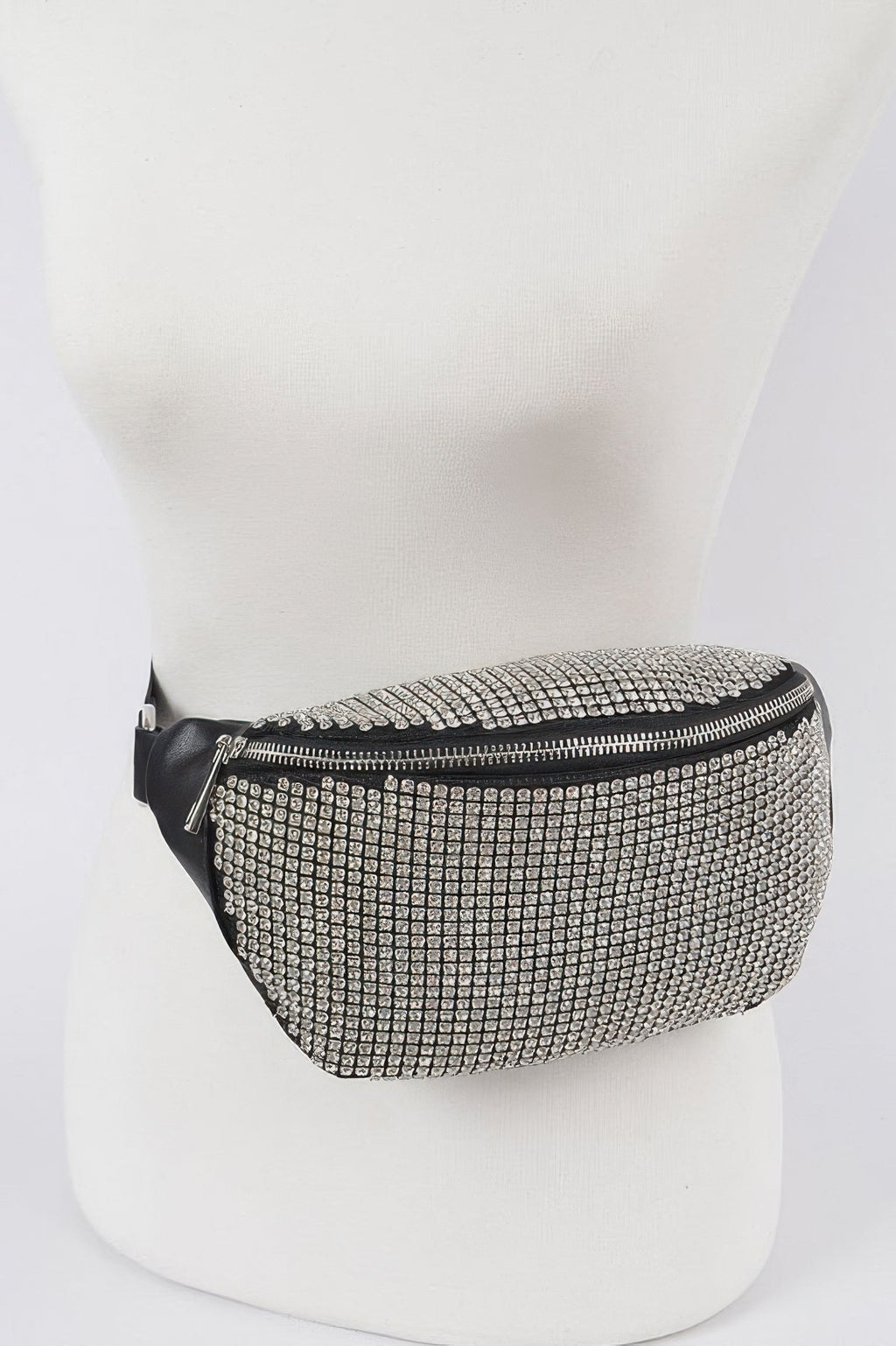 Rhinestone mesh fanny pack with front zip and black adjustable belt strap