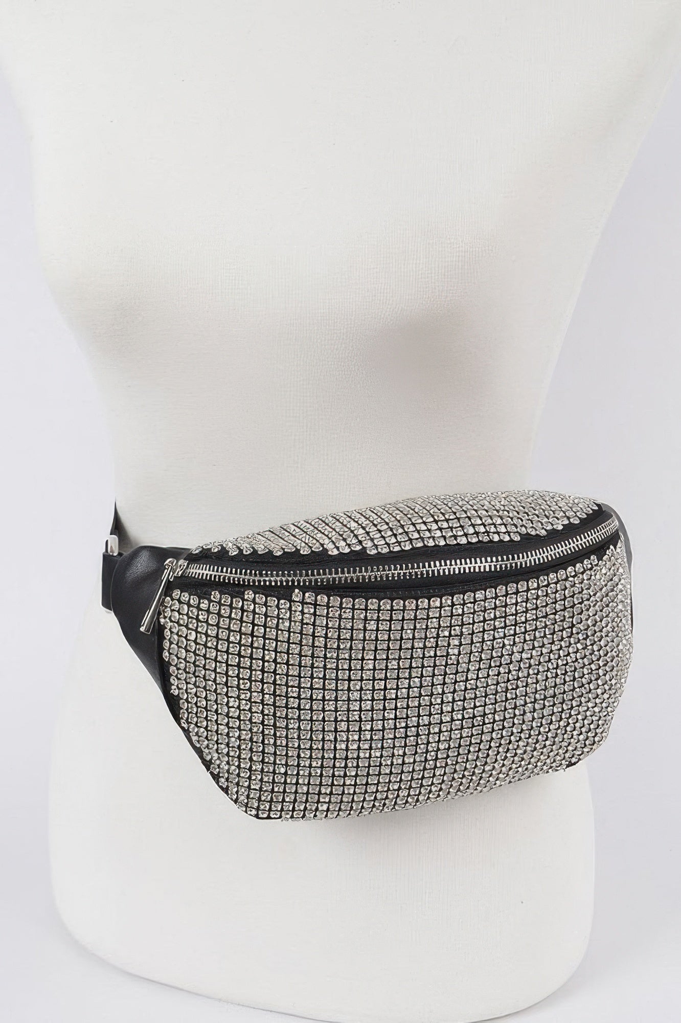 Rhinestone mesh fanny pack with front zip and black adjustable belt strap