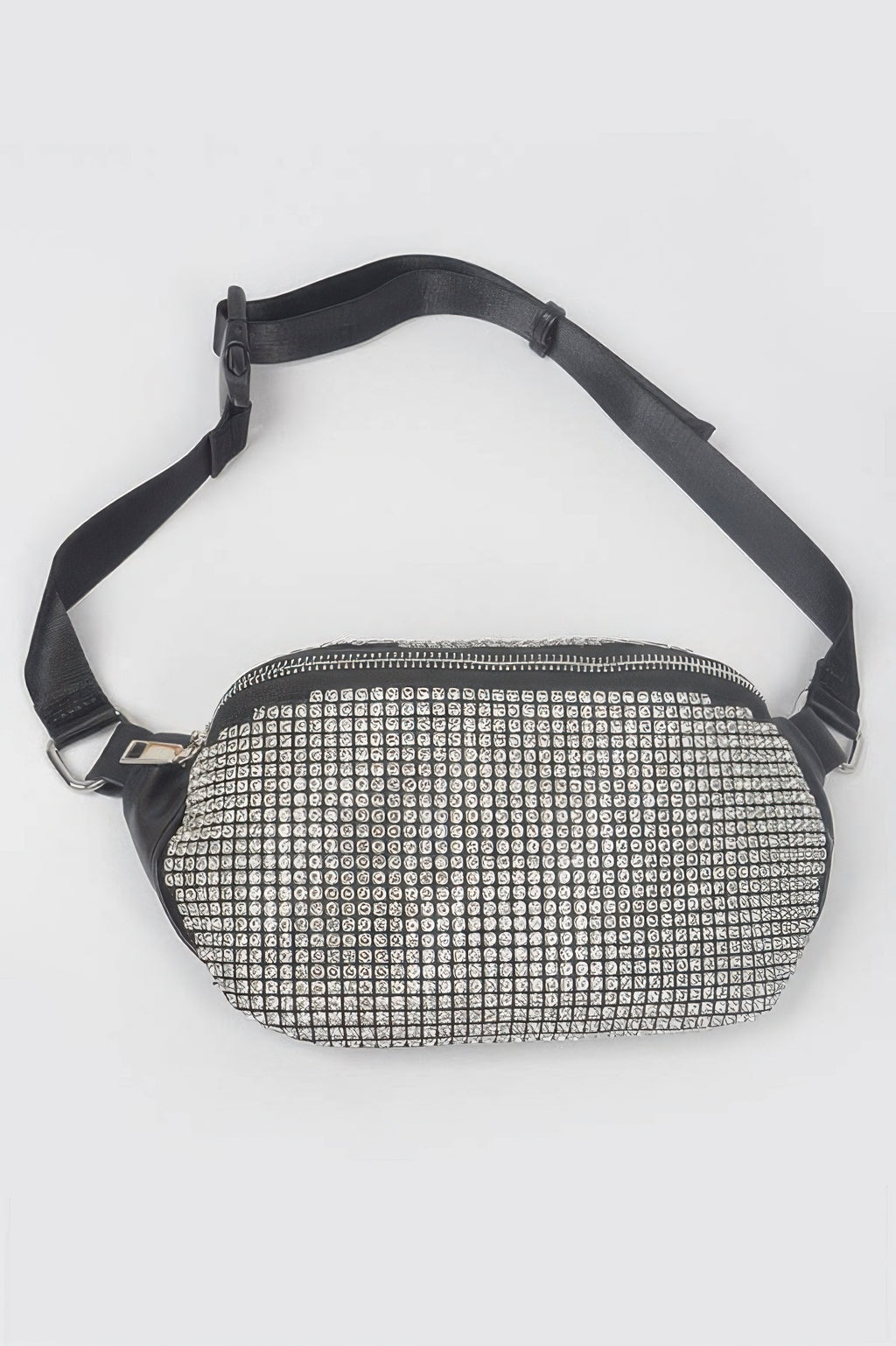 Rhinestone mesh fanny pack with black strap and silver studded body, top zipper