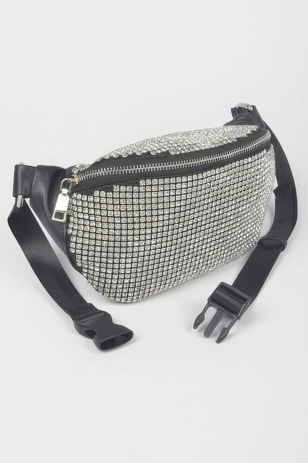Rhinestone mesh fanny pack side view, silver rhinestone front and black zipper