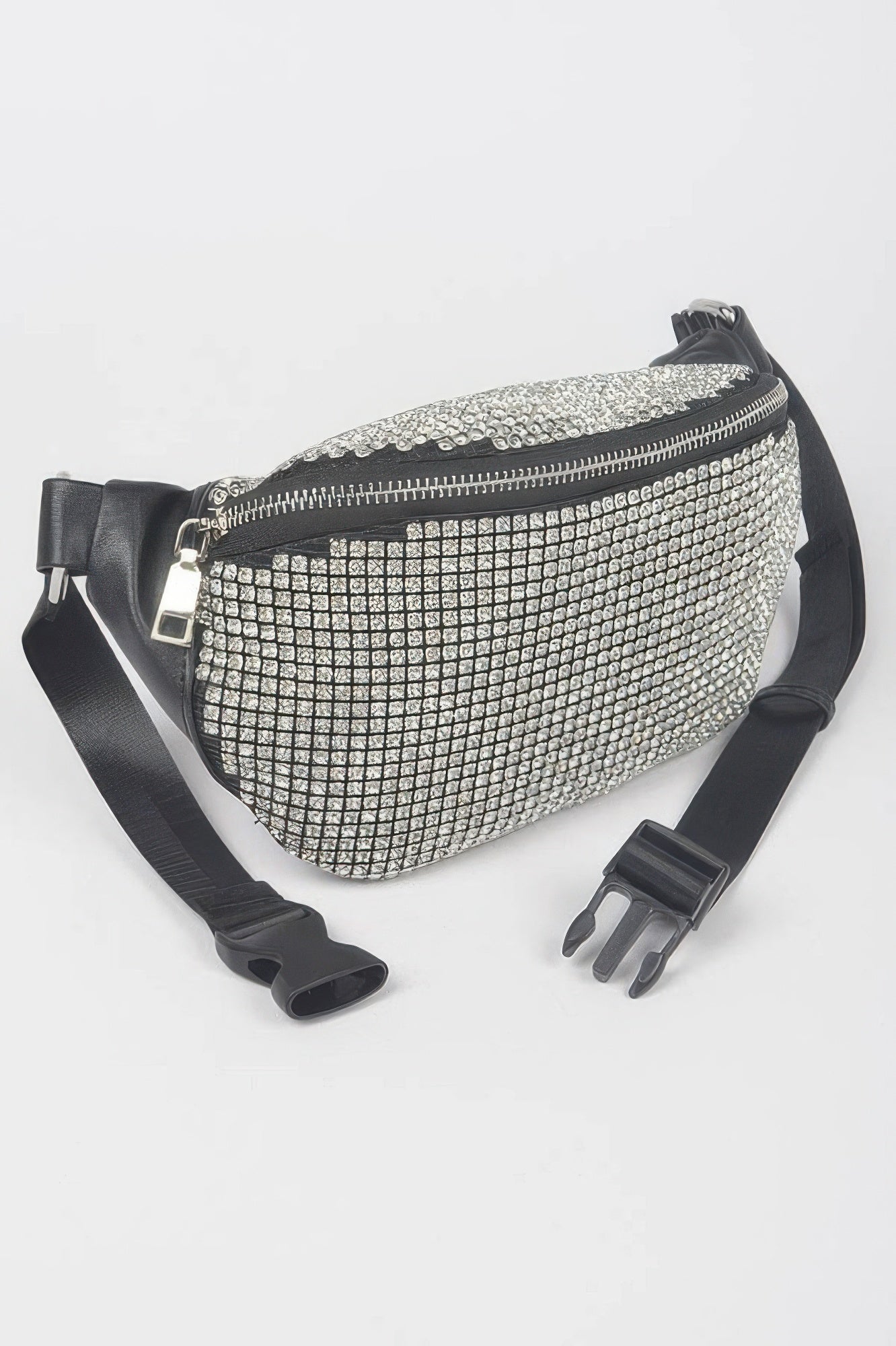 Rhinestone mesh fanny pack side view, silver rhinestone front and black zipper