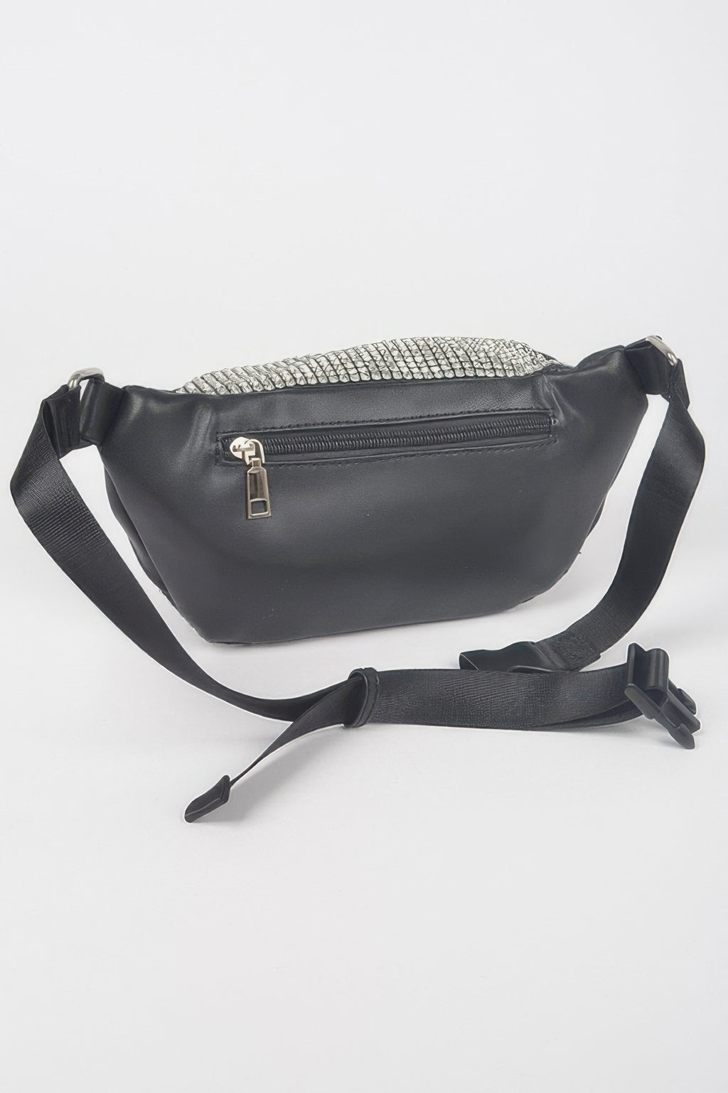 Rhinestone mesh fanny pack with black faux-leather front panel and top zip