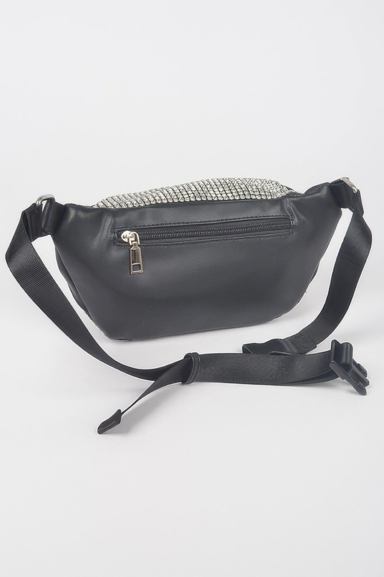 Rhinestone mesh fanny pack with black faux-leather front panel and top zip