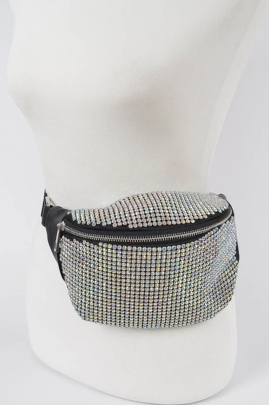 Rhinestone mesh fanny pack worn at waist, silver rhinestone body and top zip