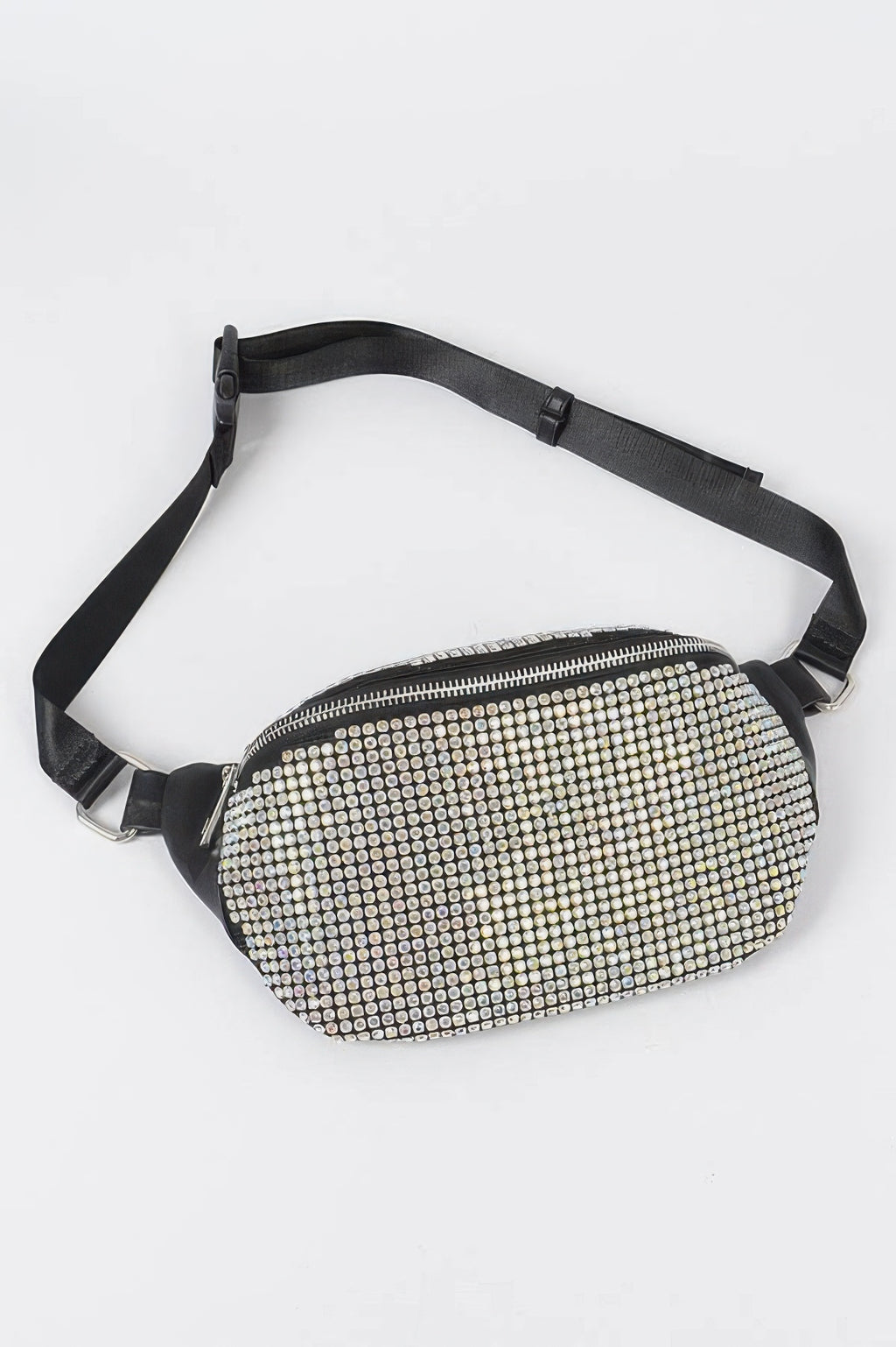 Rhinestone mesh fanny pack with black strap, oval silver rhinestone pattern front