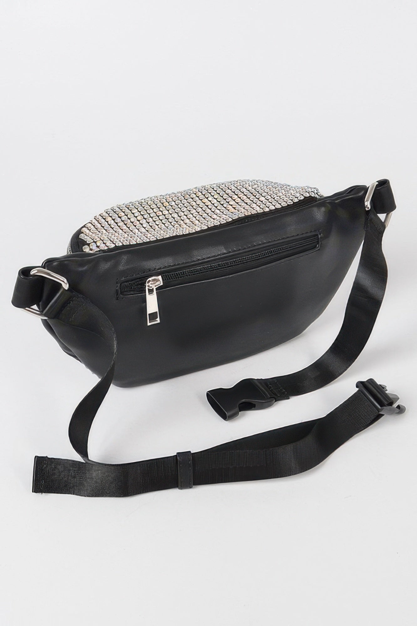 Rhinestone mesh fanny pack back view, black body with rhinestone top section and zip