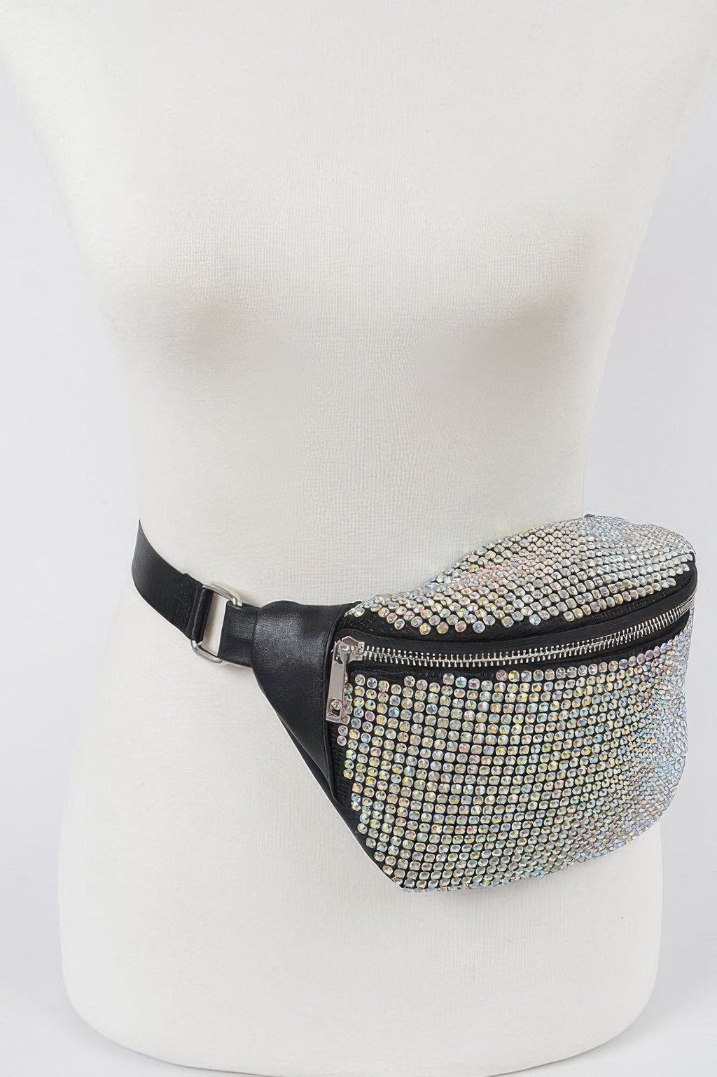 Rhinestone mesh fanny pack worn on hip, silver rhinestone front and black belt strap