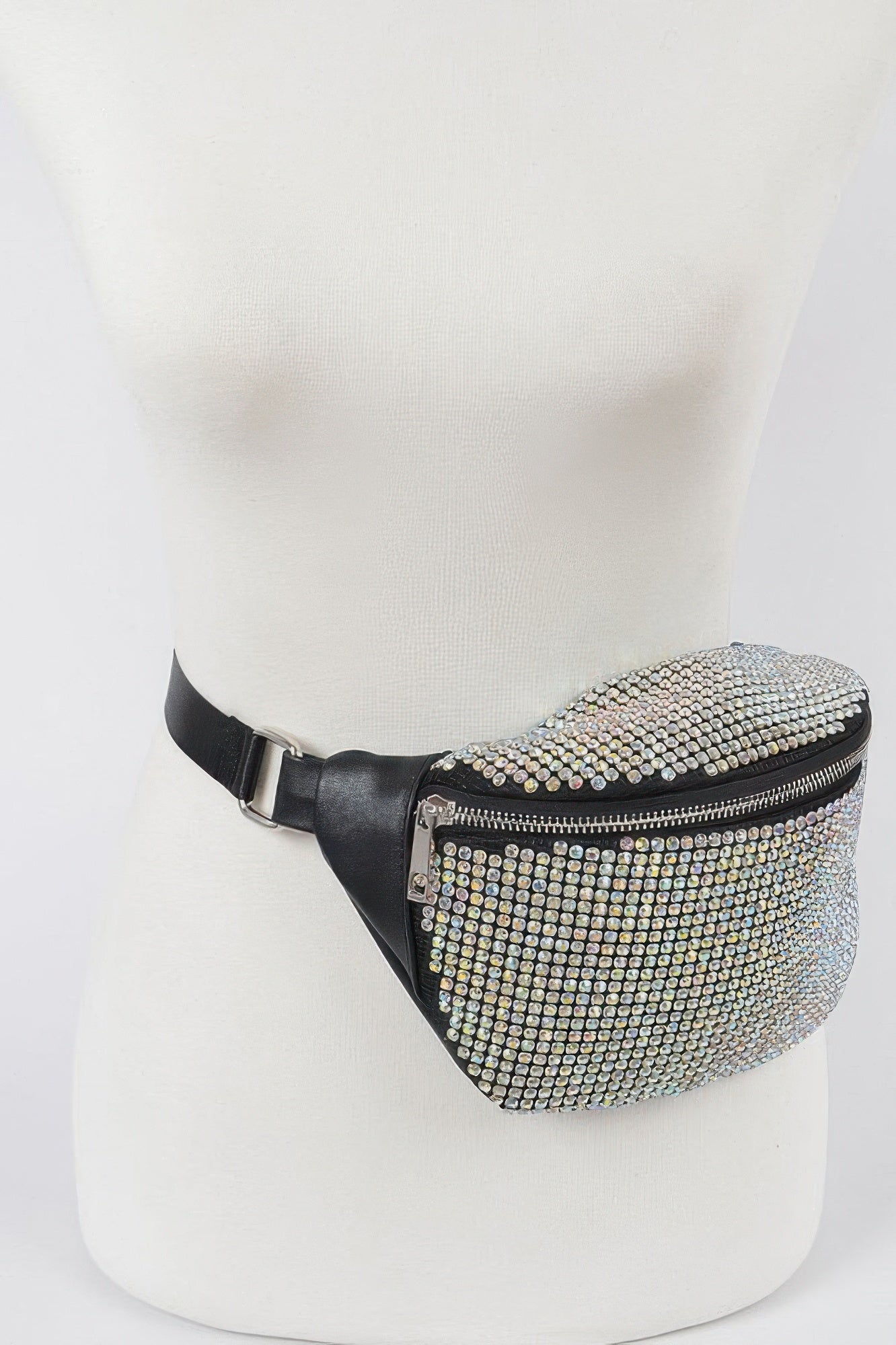Rhinestone mesh fanny pack worn on hip, silver rhinestone front and black belt strap