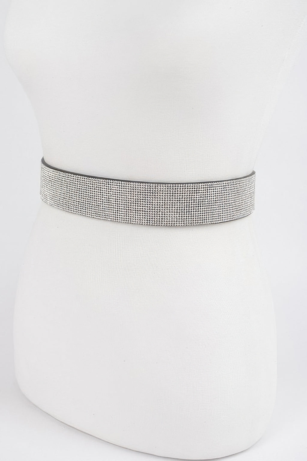 Silver rhinestone waist belt band, wide sparkle strip on mannequin
