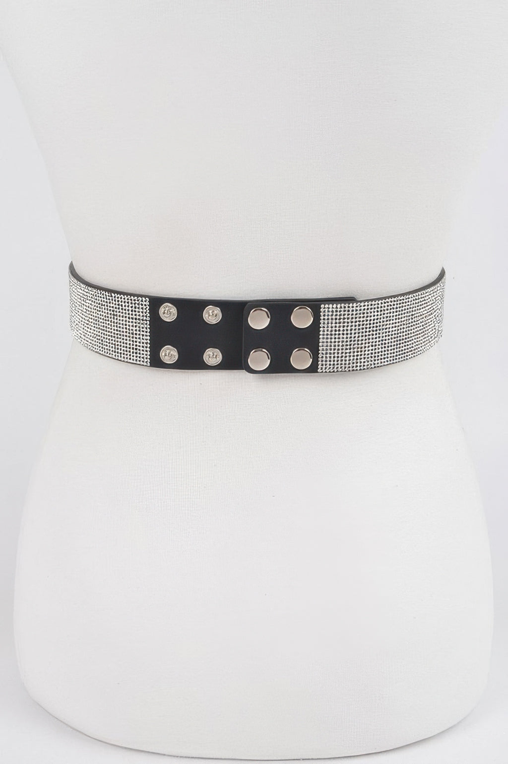 Rhinestone waist belt with black center panel and silver mesh sides