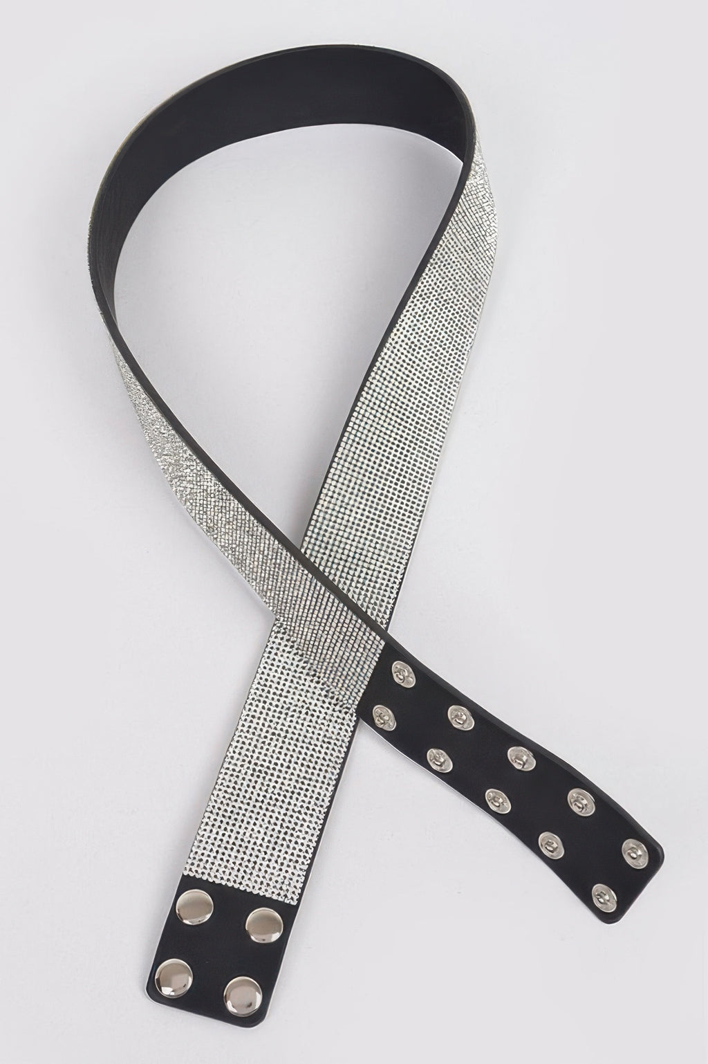 Rhinestone waist belt with long straps: silver mesh with black studded panels