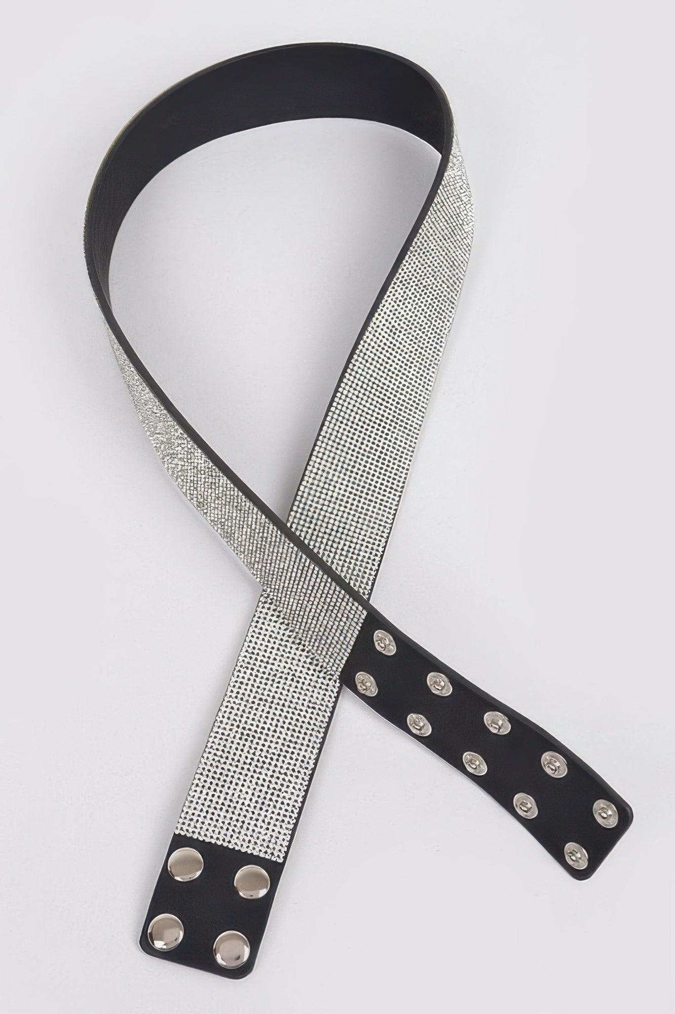 Rhinestone waist belt with long straps: silver mesh with black studded panels