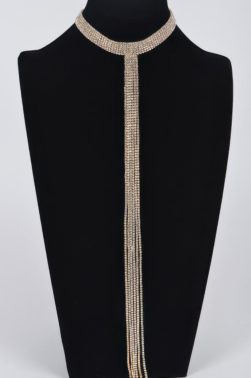 Silver bar-line rhinestone choker necklace with long vertical drop strand