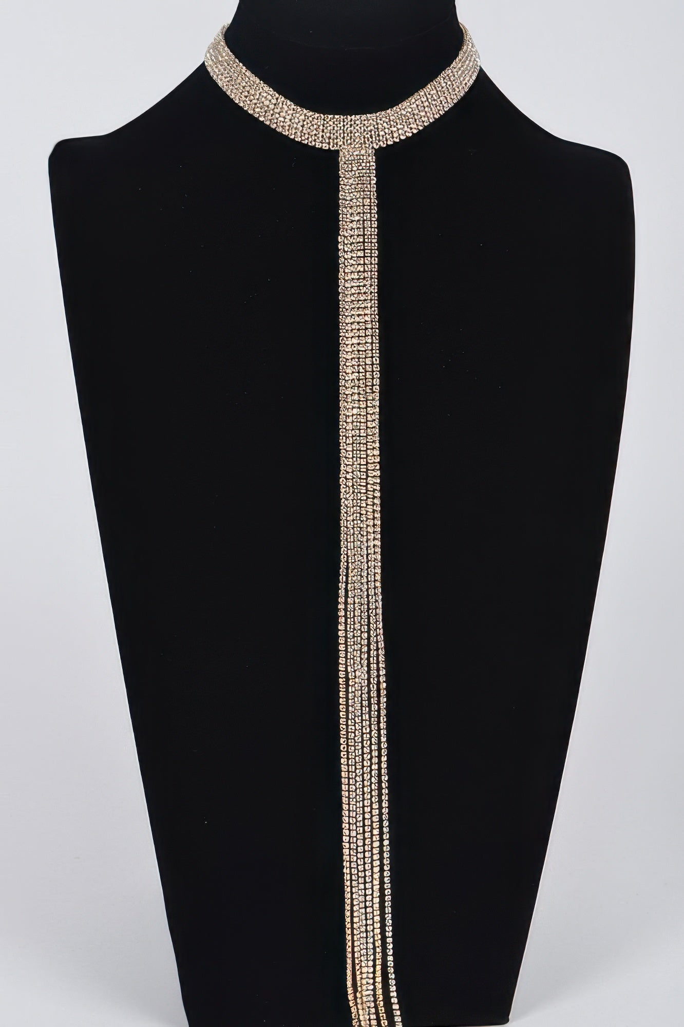 Silver bar-line rhinestone choker necklace with long vertical drop strand