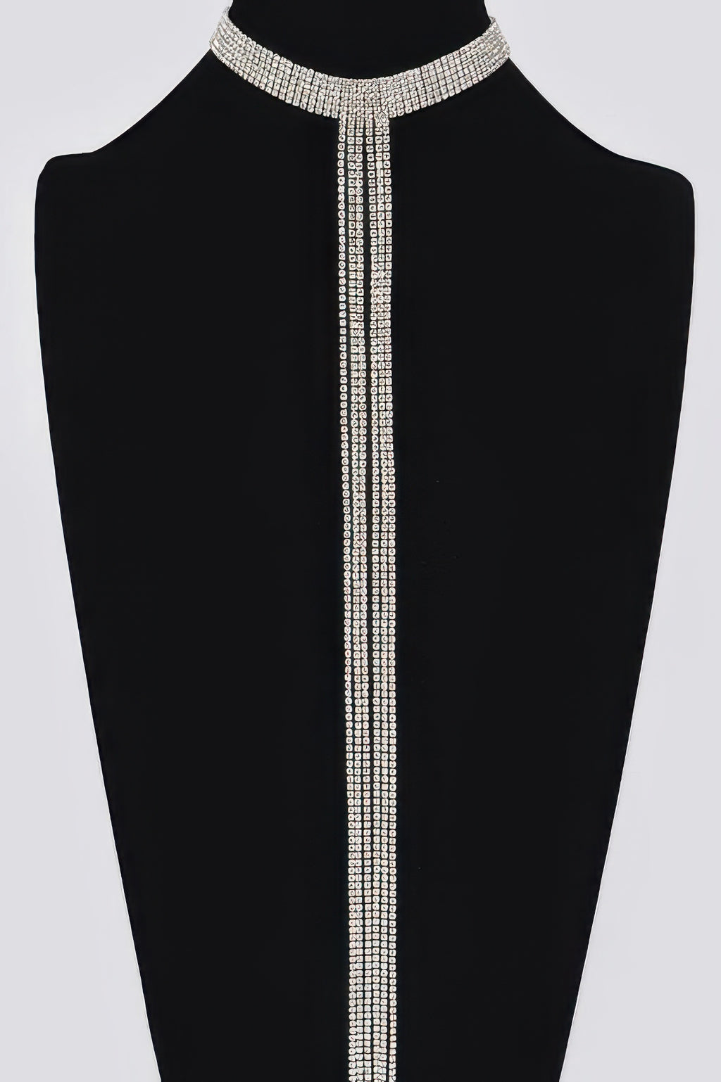 Silver bar-line rhinestone choker with scalloped collar and straight center drop