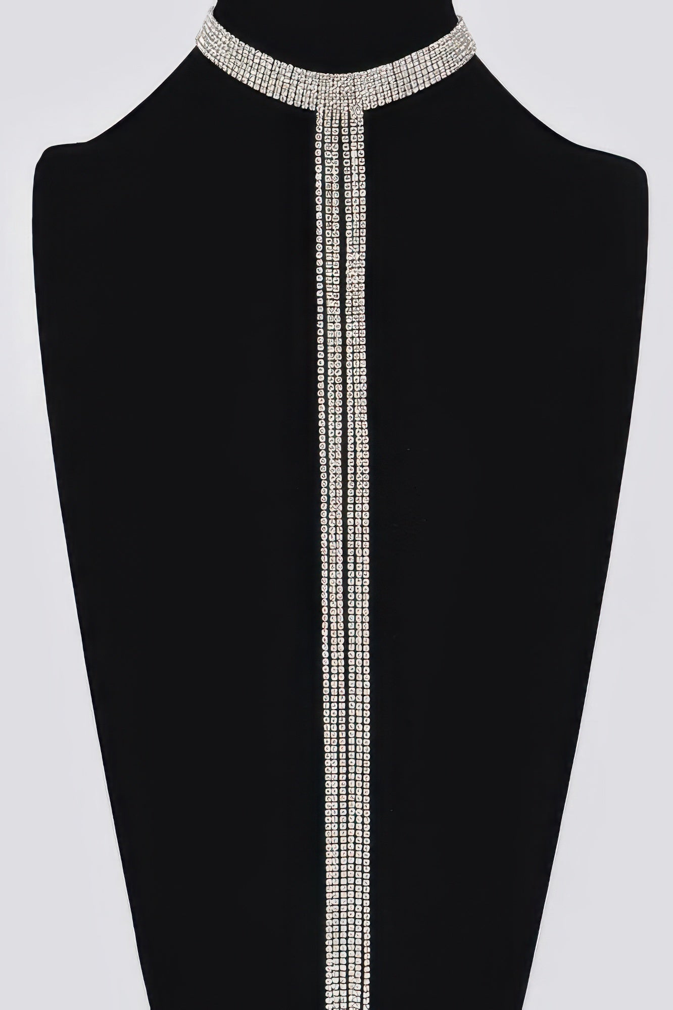 Silver bar-line rhinestone choker with scalloped collar and straight center drop
