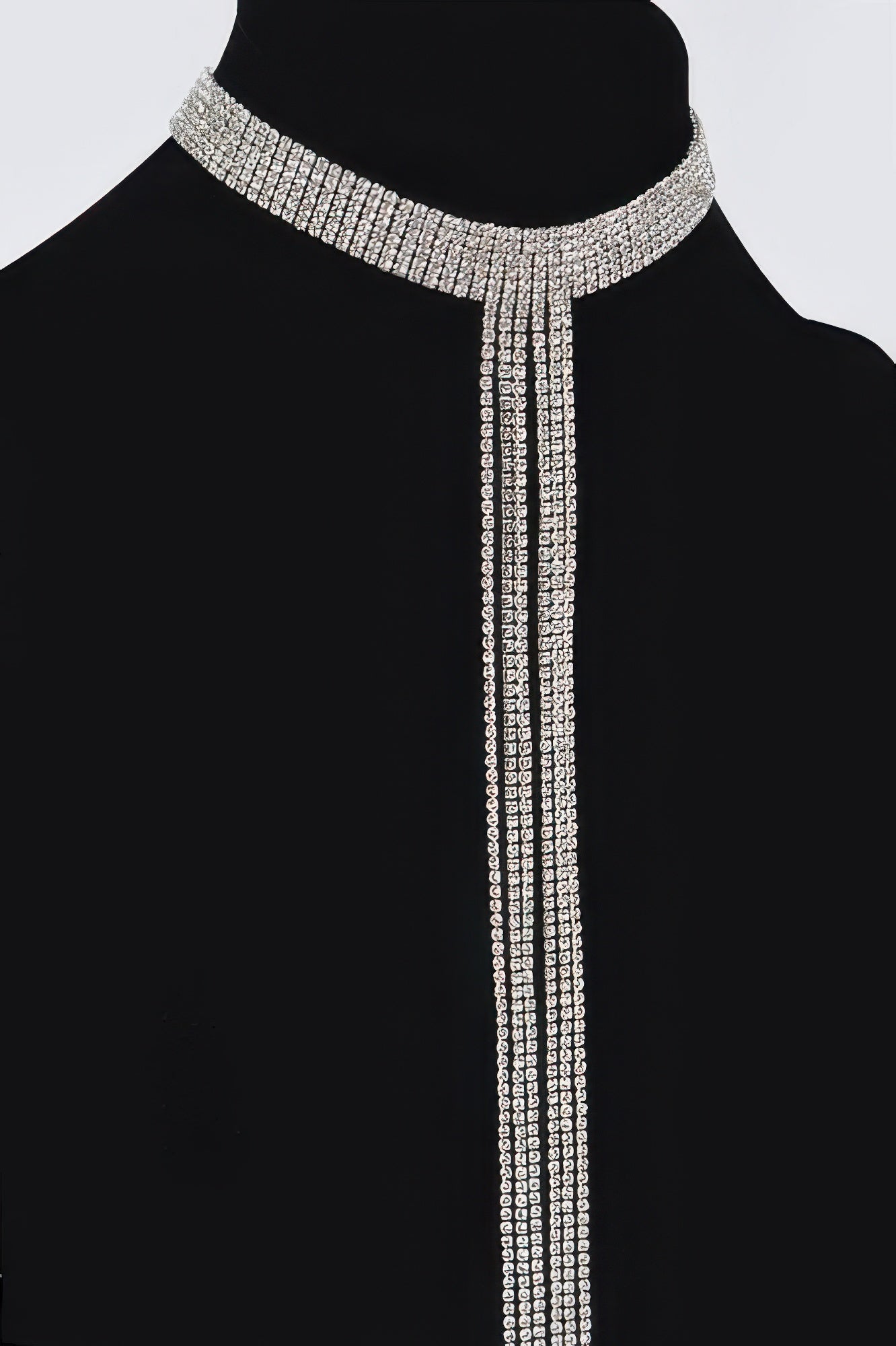 Silver bar-line rhinestone choker necklace with textured collar and slim dangling rows