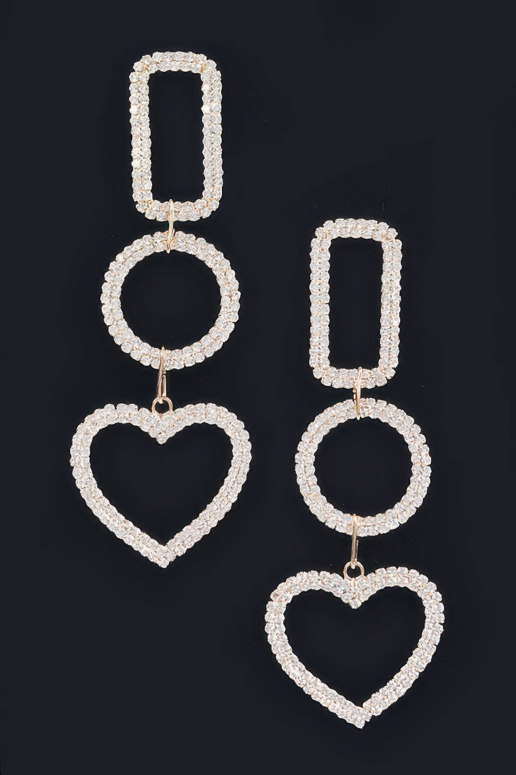 Gold rhinestone dangle earrings: rectangle, circle, and heart shapes on gold hooks