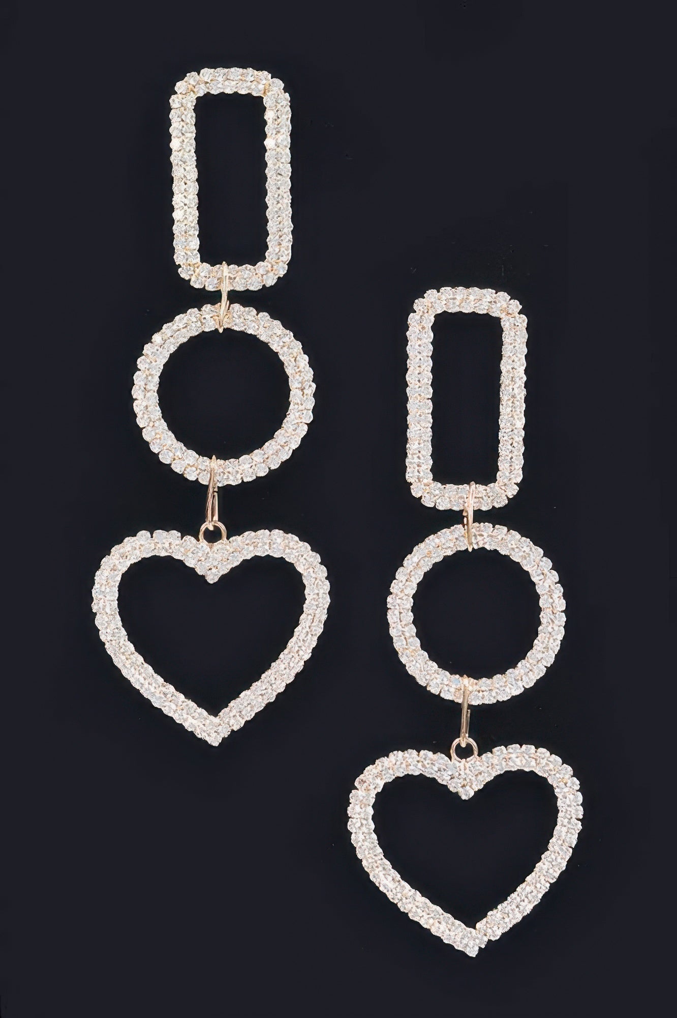 Gold rhinestone dangle earrings: rectangle, circle, and heart shapes on gold hooks