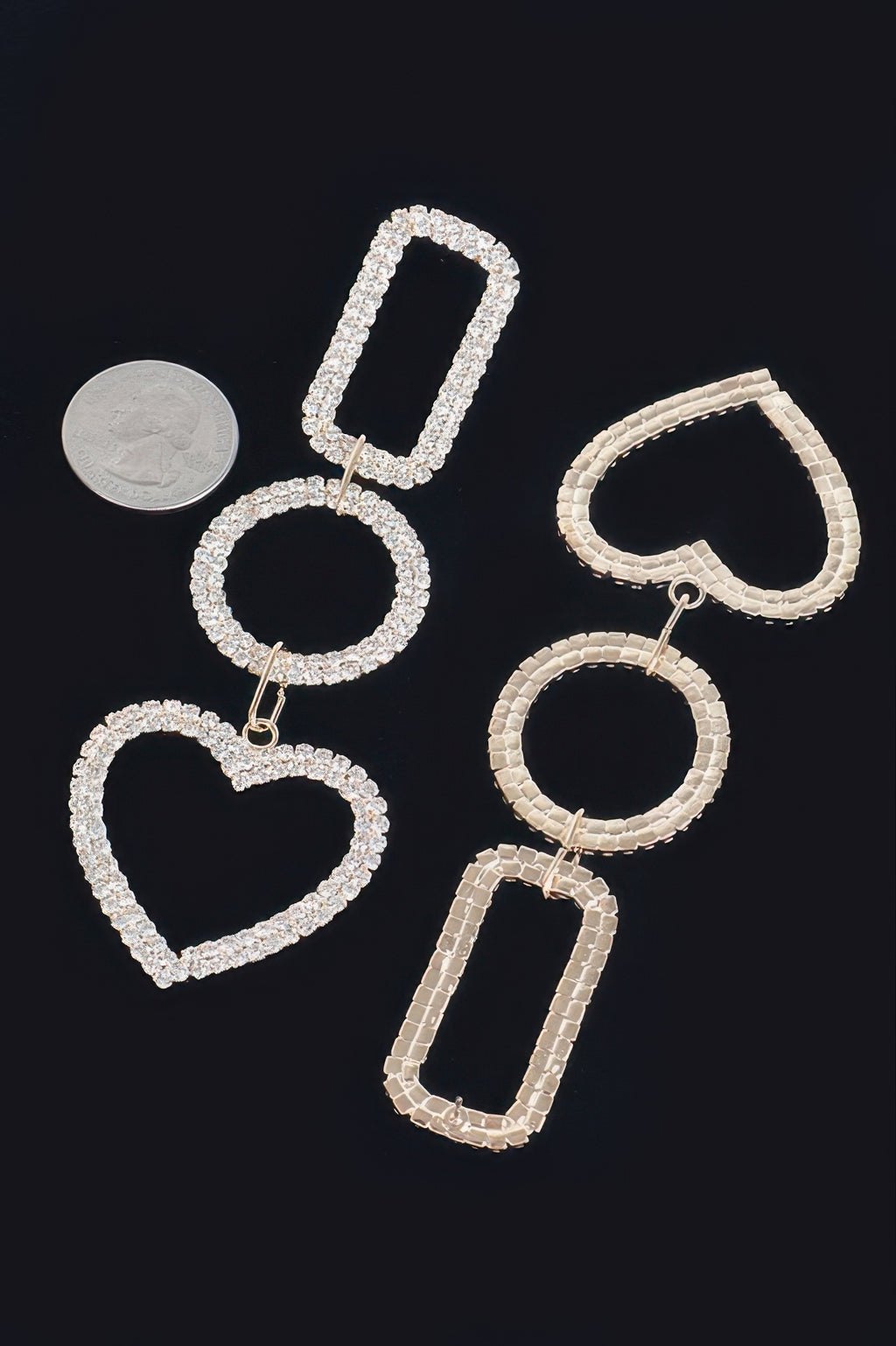 Rhinestone drop earrings with stacked rectangle, oval, and heart dangles, gold-tone