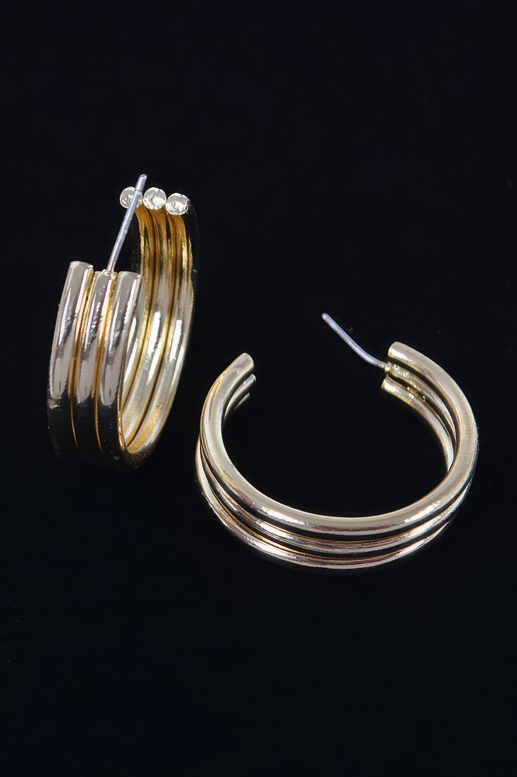Triple hoop earrings, silver-tone stacked hoops with straight stud posts