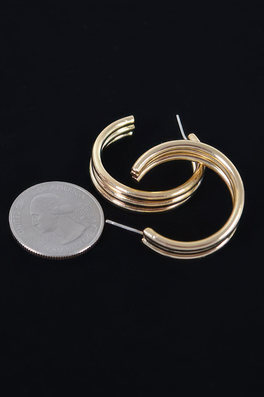Triple hoop earrings, silver-tone triple stacked hoops with size comparison coin