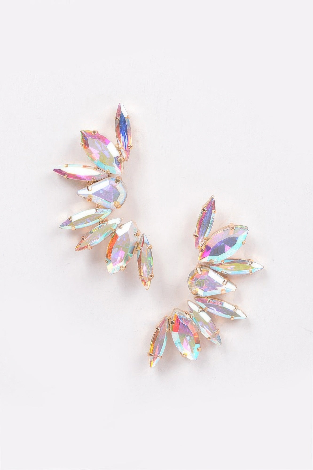 Rhinestone earrings with iridescent multicolor marquise stones on gold-tone frames