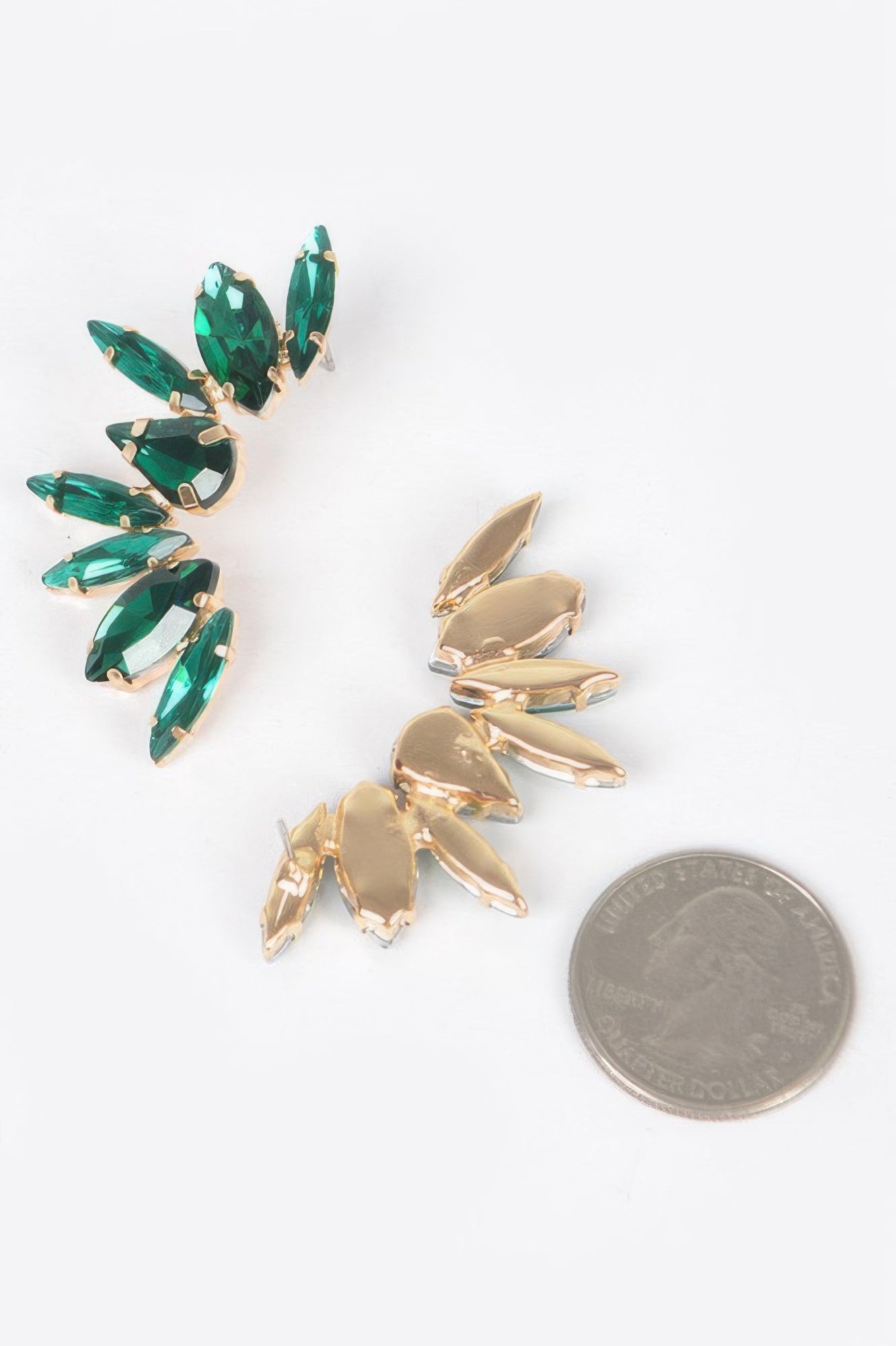 Rhinestone earrings with green marquise stones and gold-tone settings
