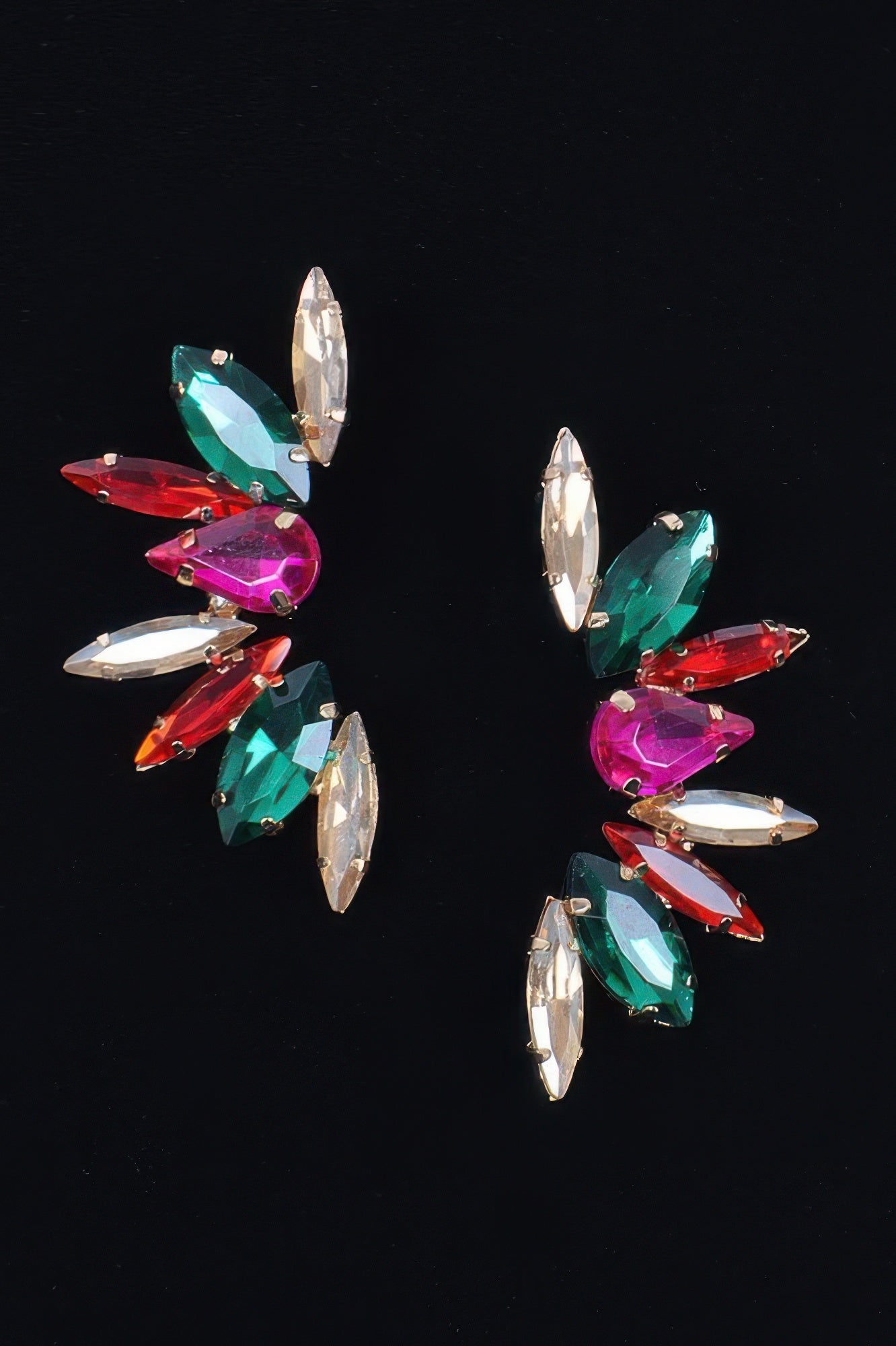 Rhinestone earrings with mixed red, green, and clear marquise stones