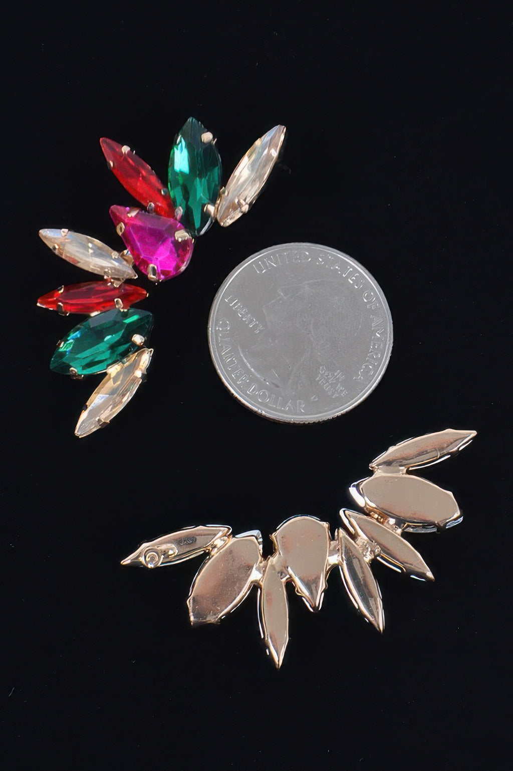 Rhinestone earrings with red, green, pink, and clear marquise stones