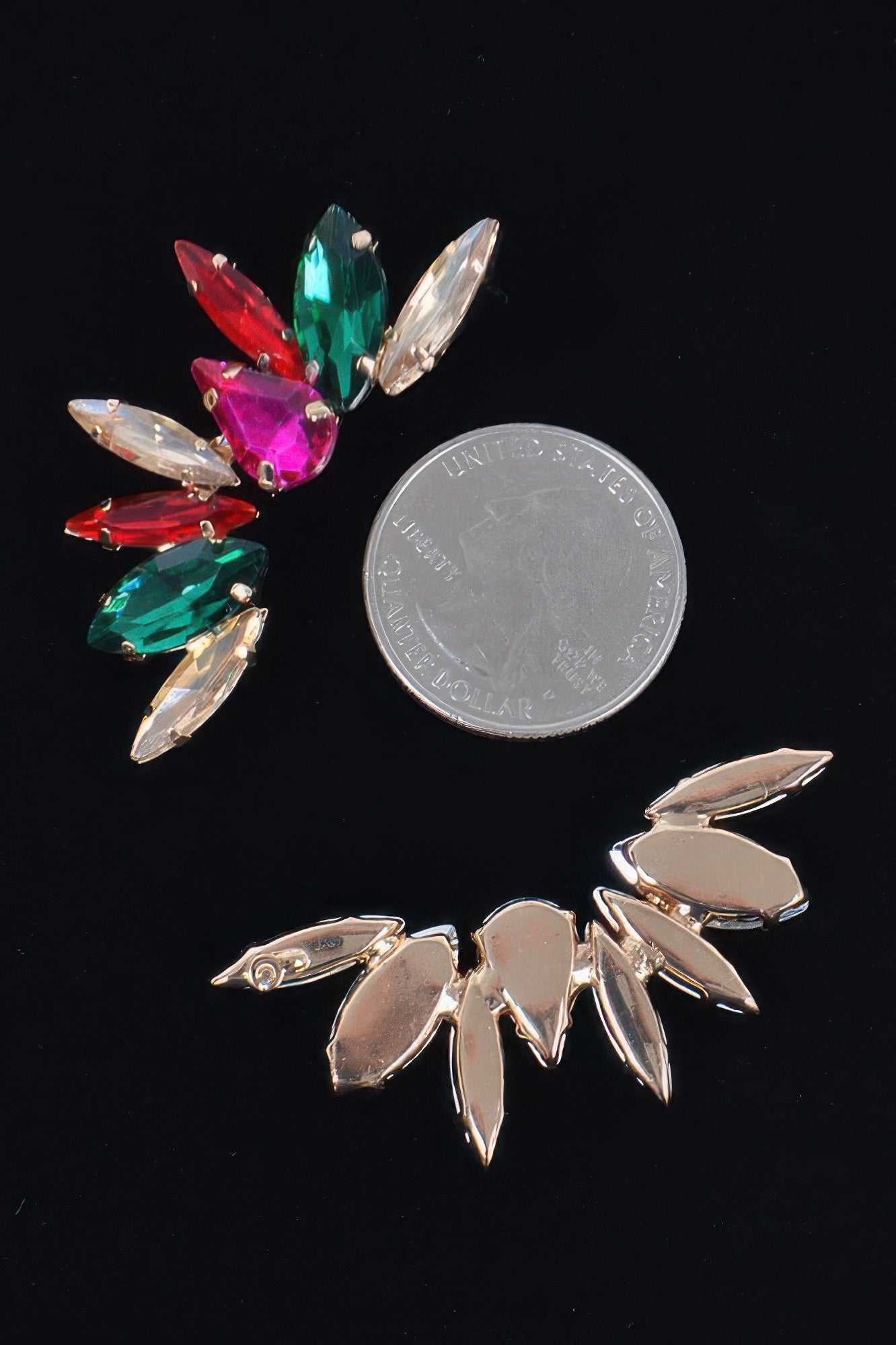 Rhinestone earrings with red, green, pink, and clear marquise stones