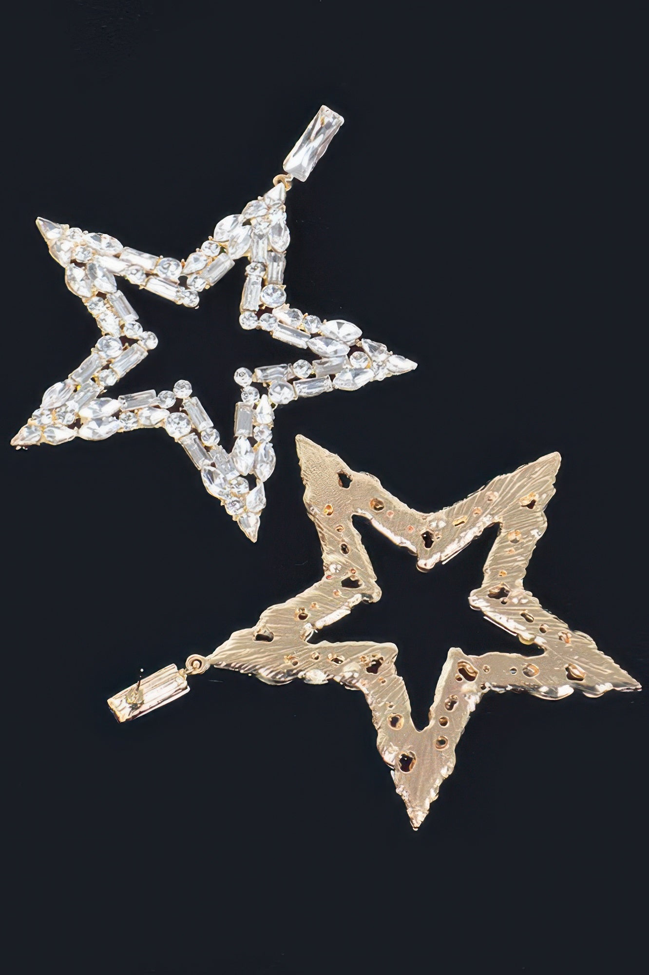 Silver star drop earrings with rhinestone bars and sparkly baguette stones