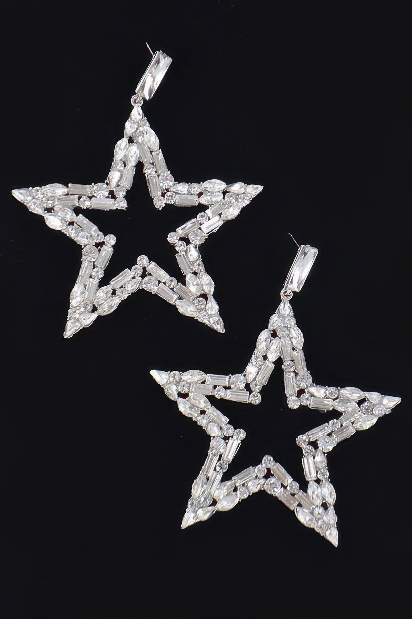 Starlight silver star earrings—two dangling stars, baguette and round rhinestones