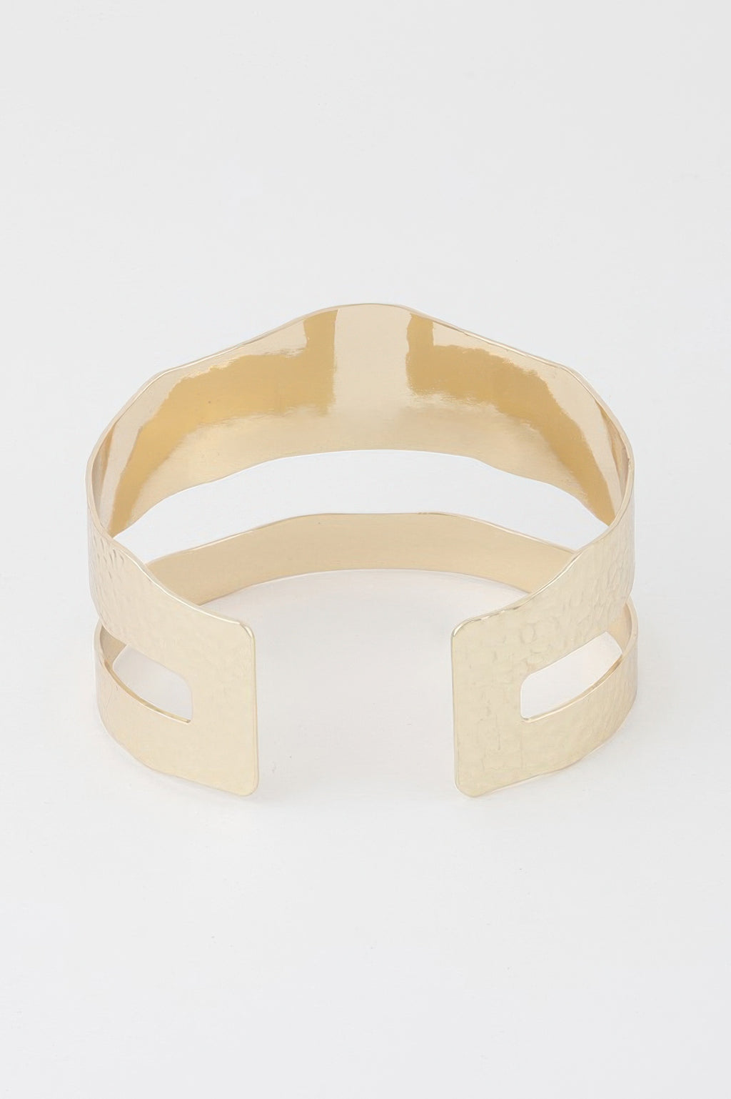 Gold double-band open cuff bracelet, front view with two side notch openings.