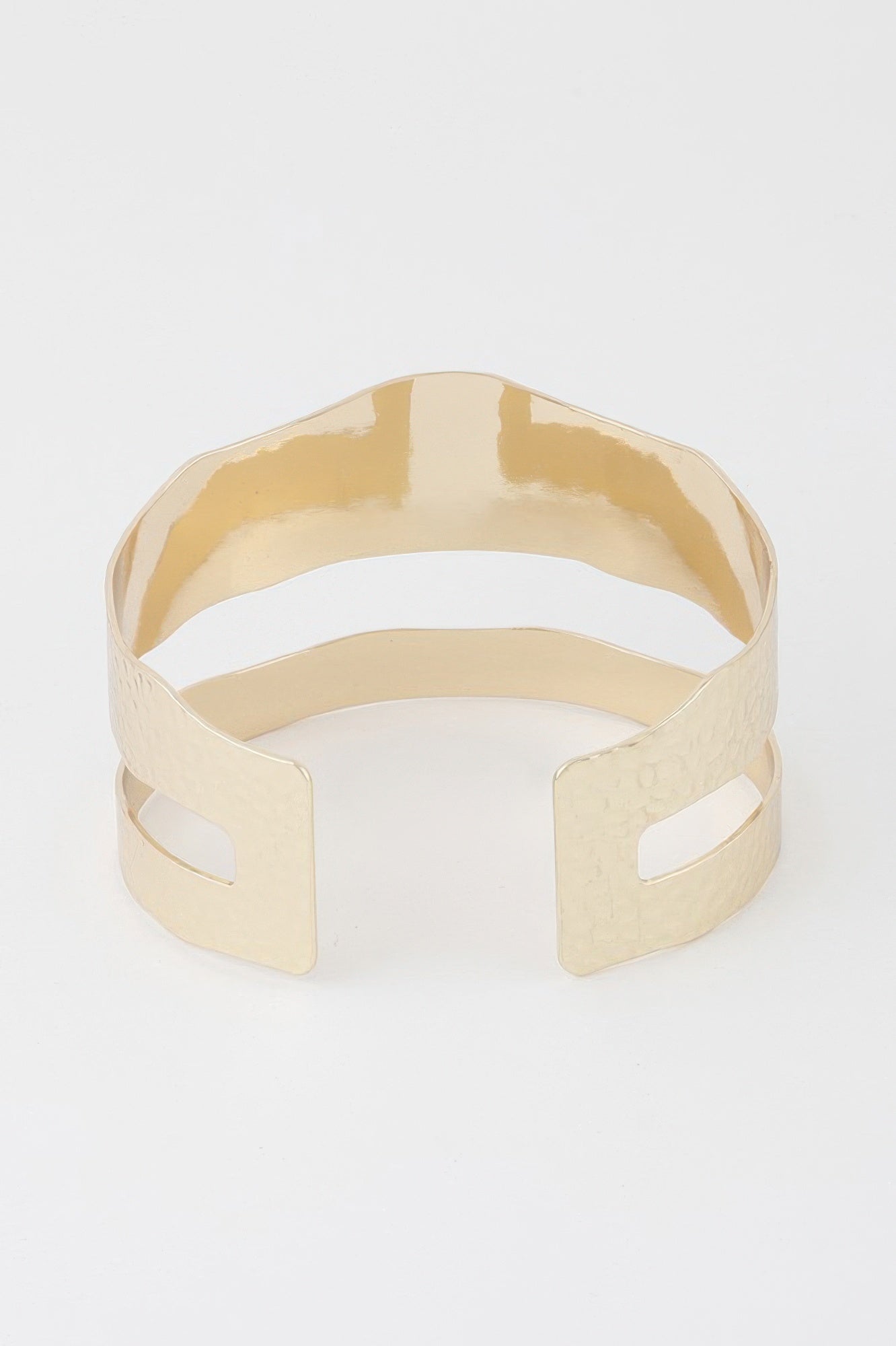 Gold double-band open cuff bracelet, front view with two side notch openings.