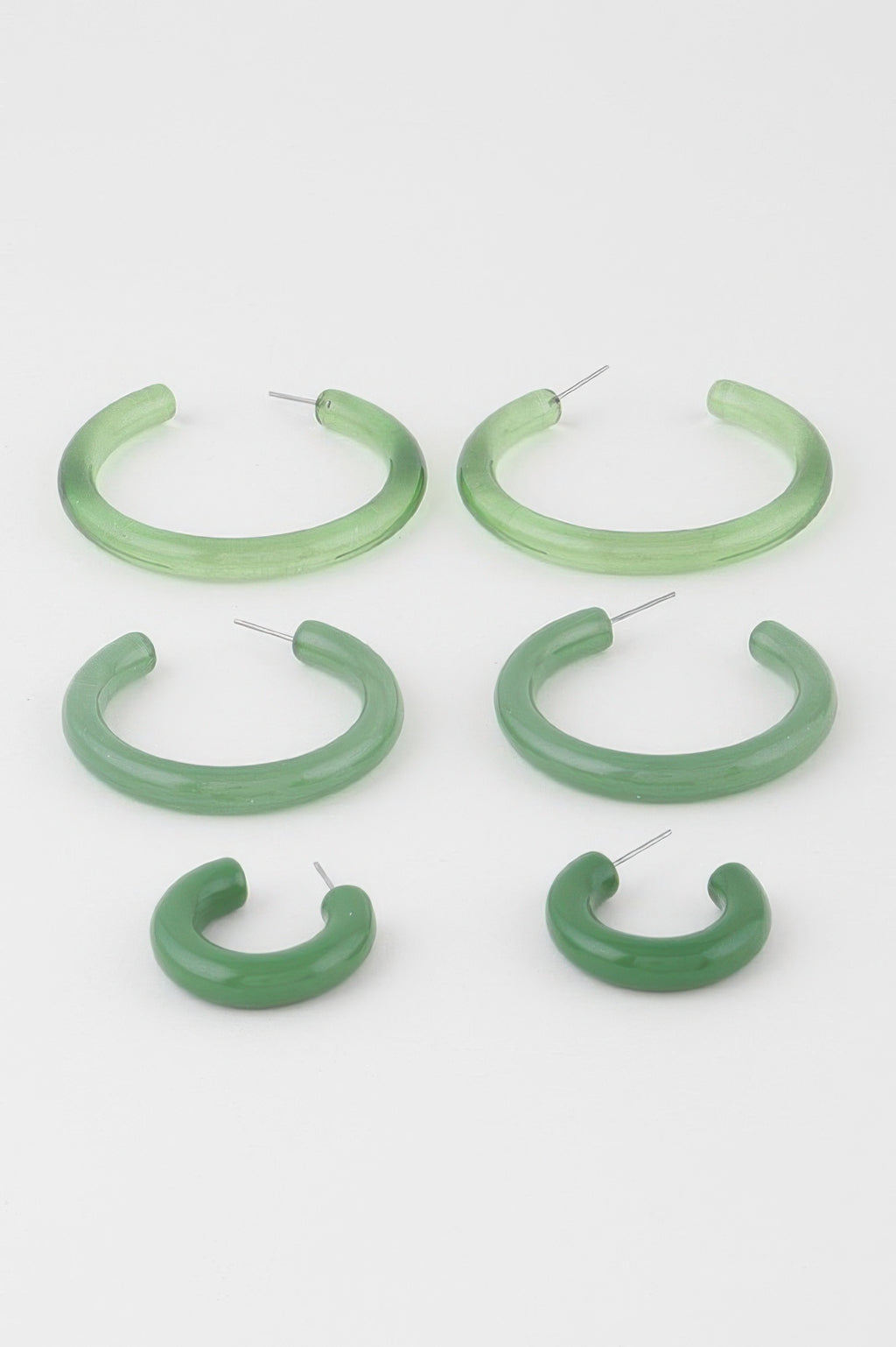 Light green multi hoop earrings set, mixed sizes with gold posts