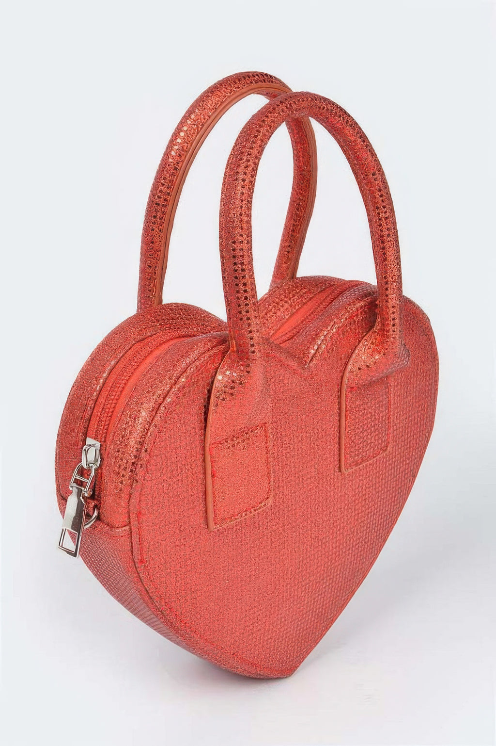 Red metallic heart crossbody bag, textured finish, chain strap and front zipper
