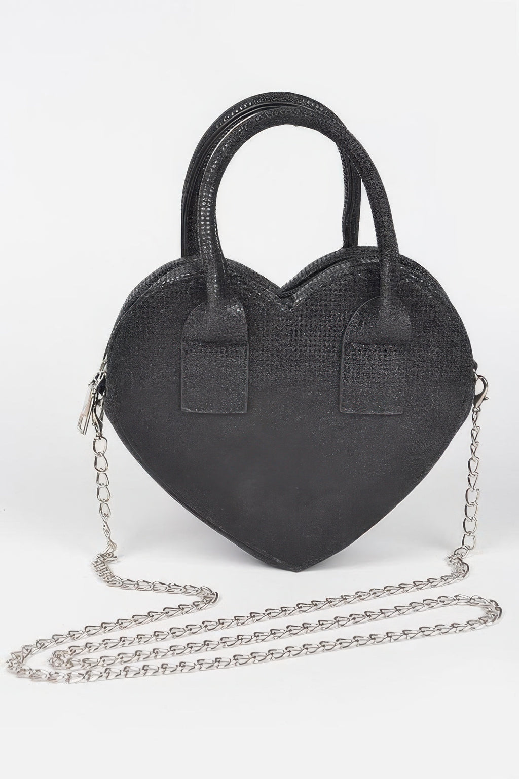Black metallic heart crossbody bag with top handles and silver chain strap